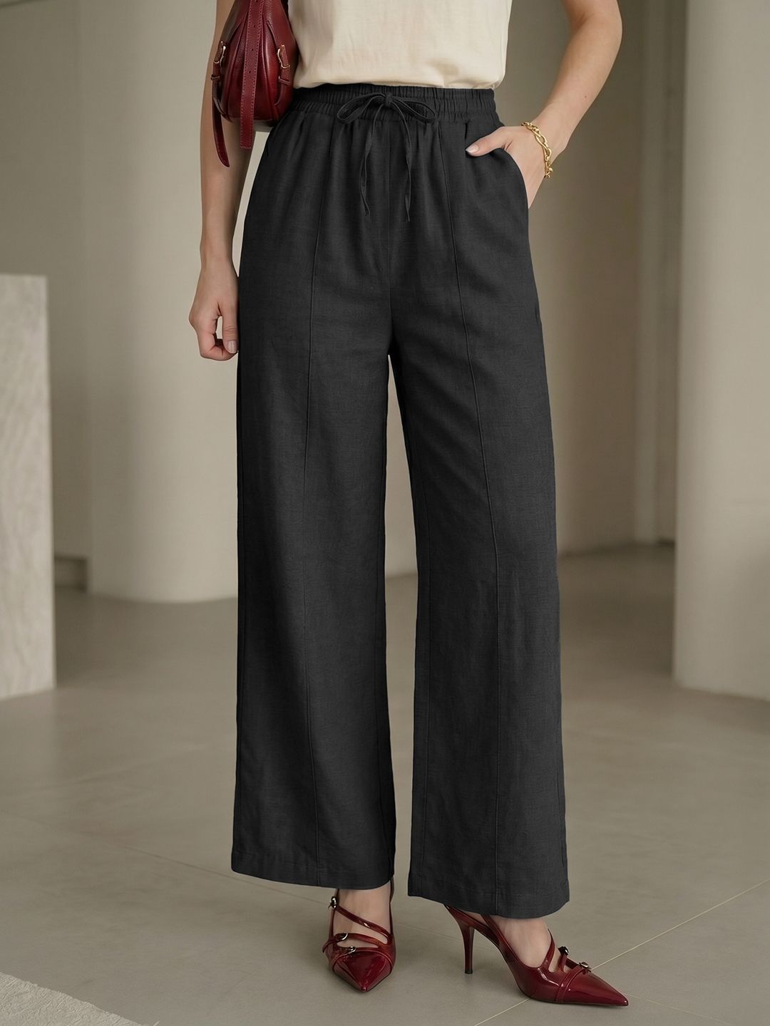 moda rapido Women Flared Black Pure Cotton Trousers-picture-10