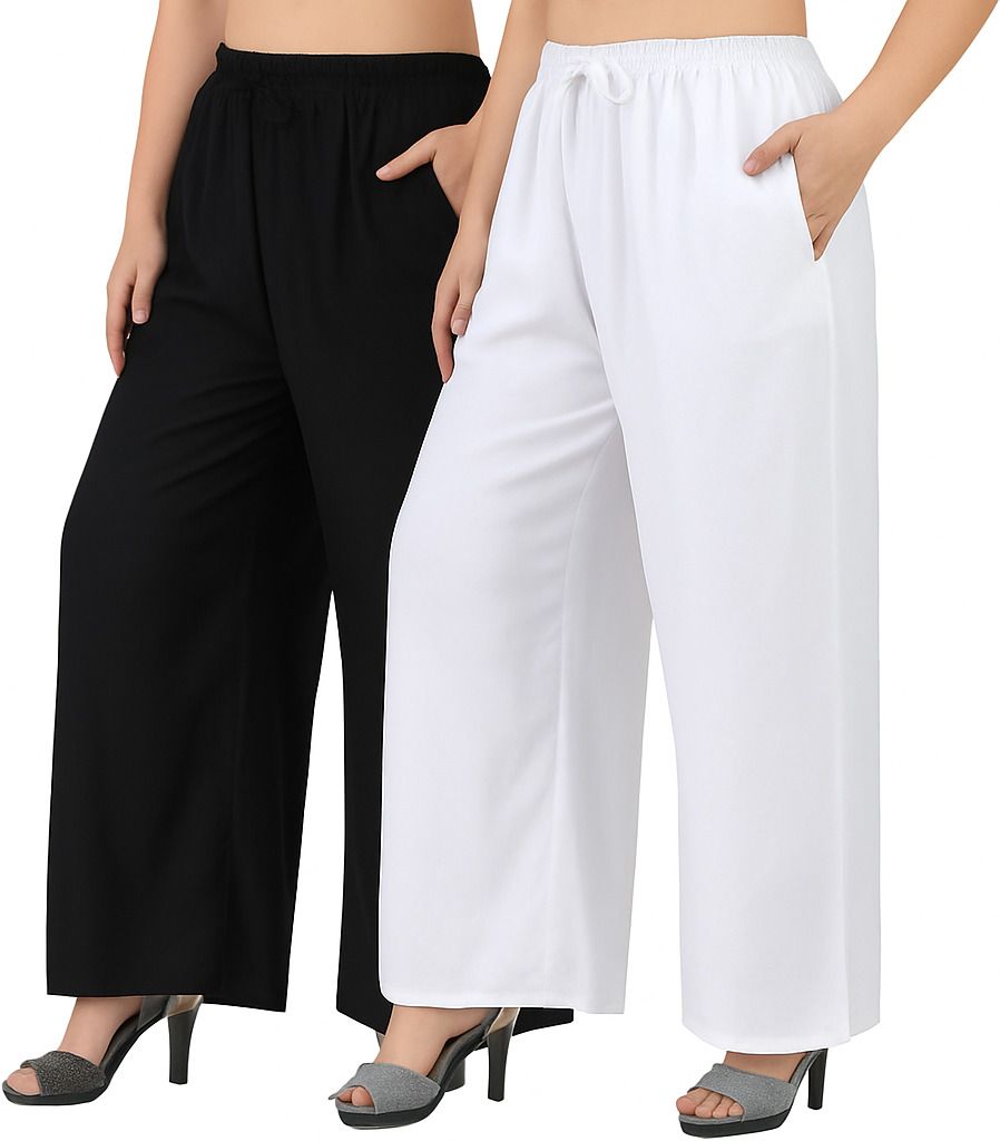 4k fashion Pack of 2 Women Loose Fit Black, White Viscose Rayon Trousers-picture-21