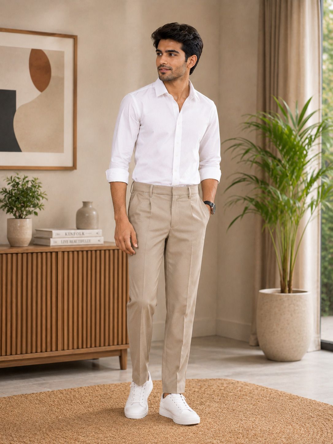 Men Regular Fit Khaki Cotton Blend Trousers-image-4