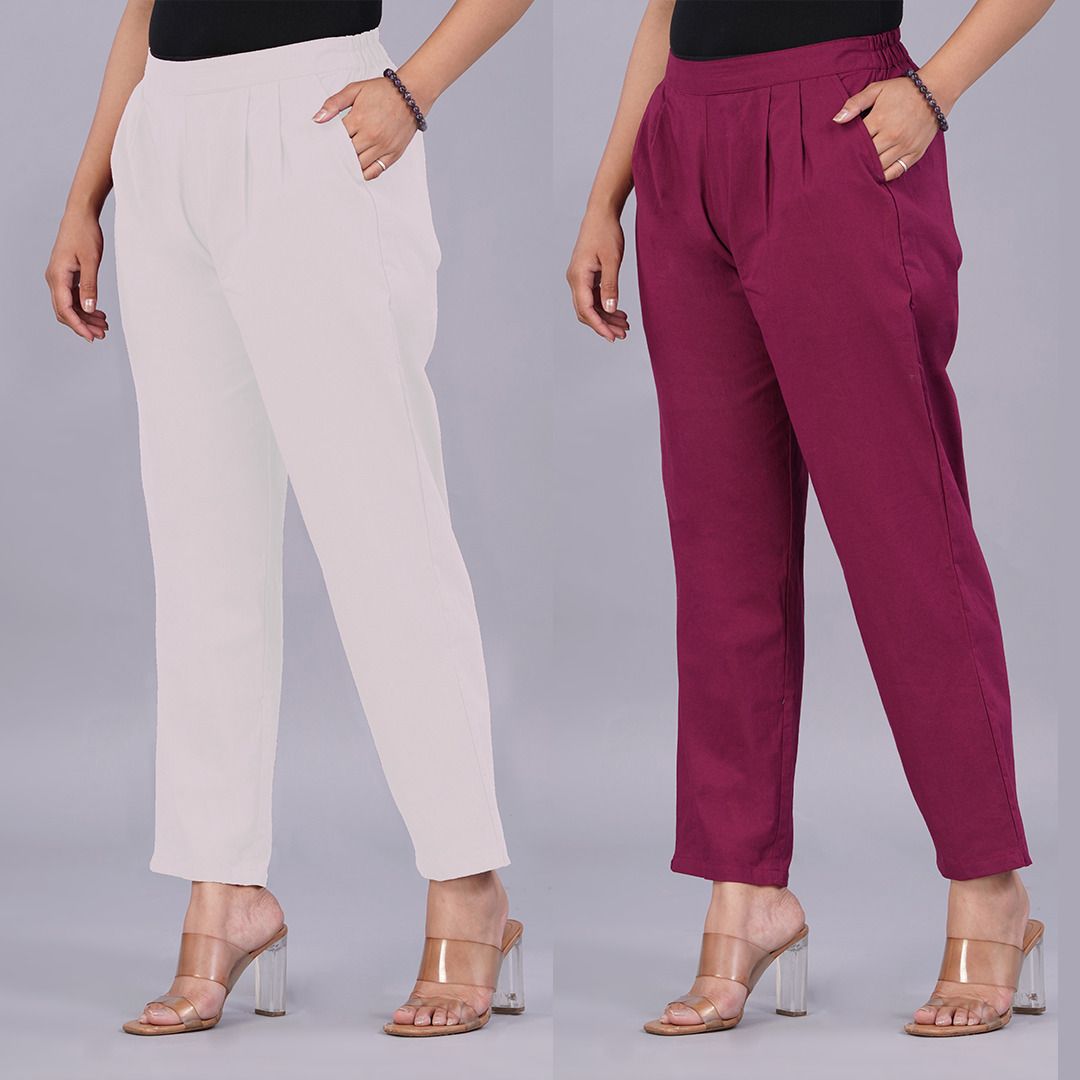 venitywave Pack of 2 Women Regular Fit White, Maroon Pure Cotton Trousers-picture-11