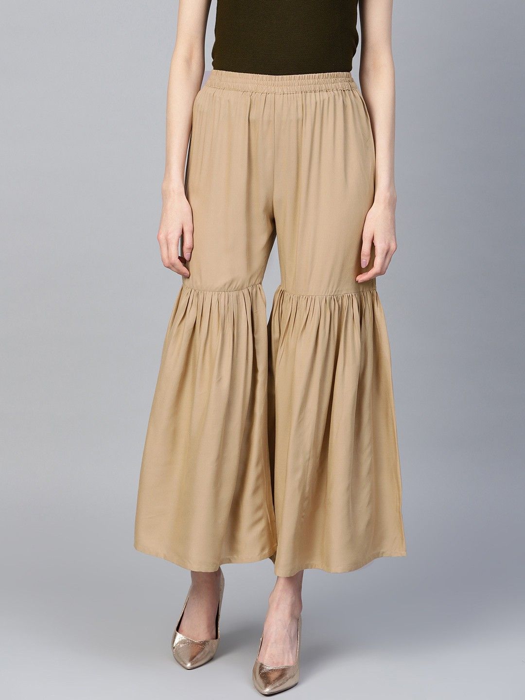 Women Flared Beige Viscose Rayon Trousers