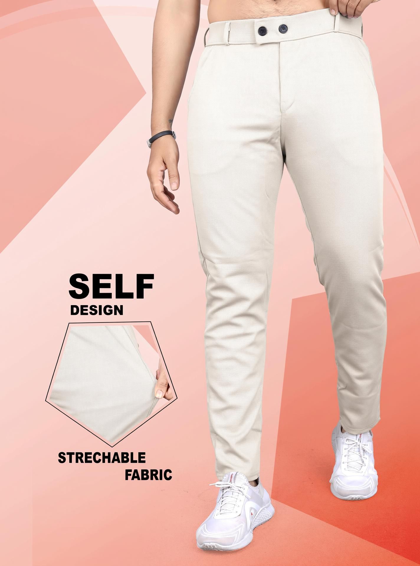 Men Slim Fit Cream Linen Blend Trousers-image-36