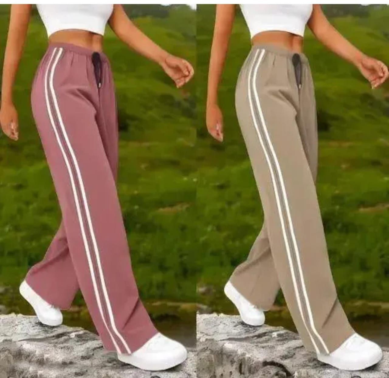 houseofcommen Pack of 2 Women Striped Pink, Beige Track Pants-picture-11