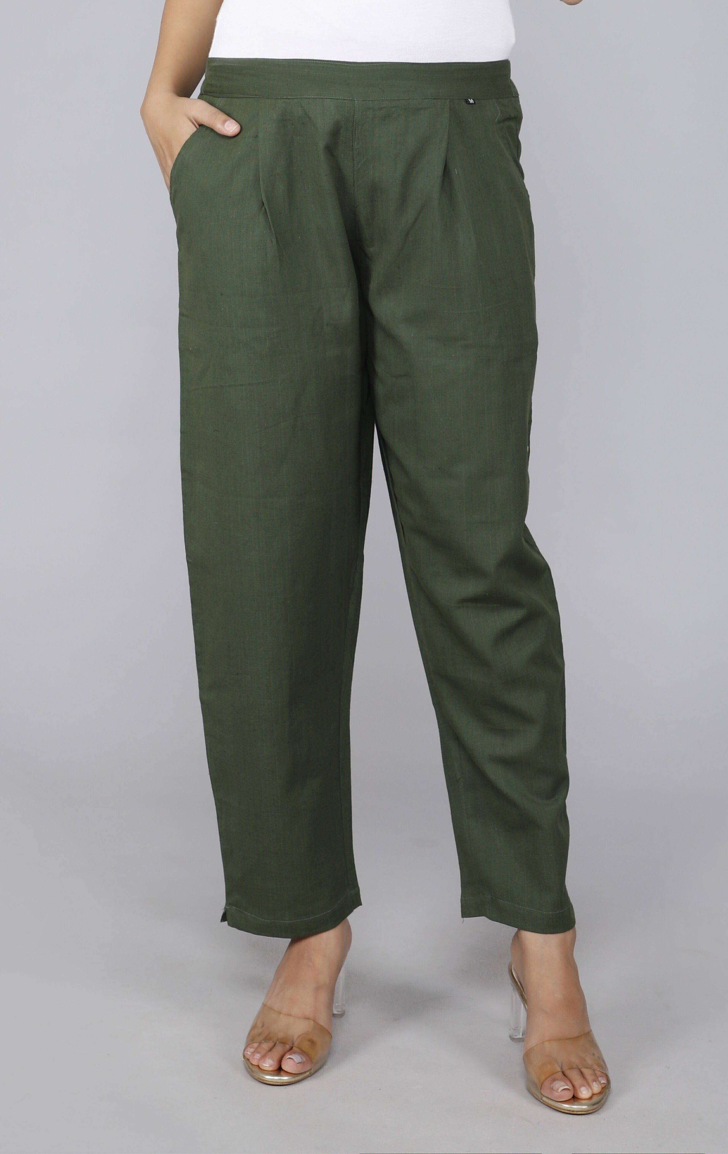 Women Regular Fit Green Pure Cotton Trousers-image-28