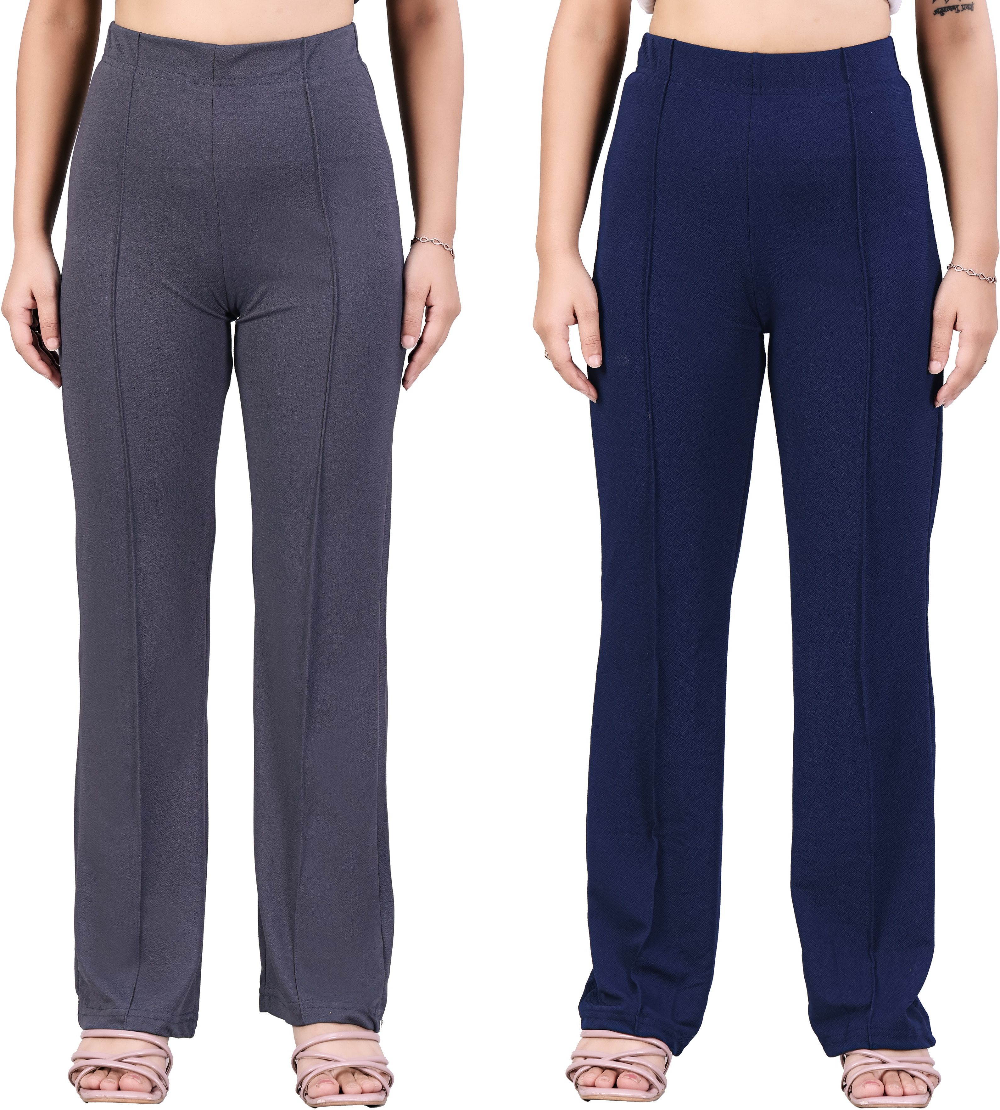 Women Loose Fit Grey, Blue Viscose Rayon Trousers-image-45