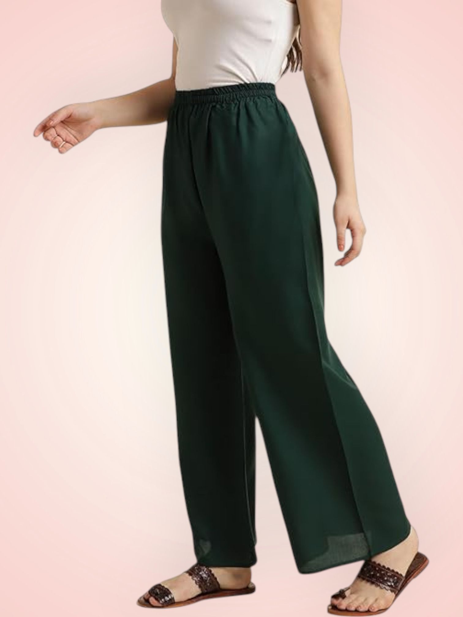 Women Comfort Fit Green Viscose Rayon Trousers-image-3
