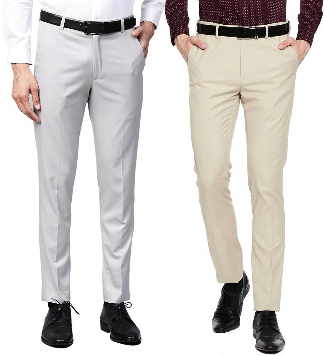 elanhood Pack of 2 Men Regular Fit Grey, Cream Cotton Blend Trousers-picture-13
