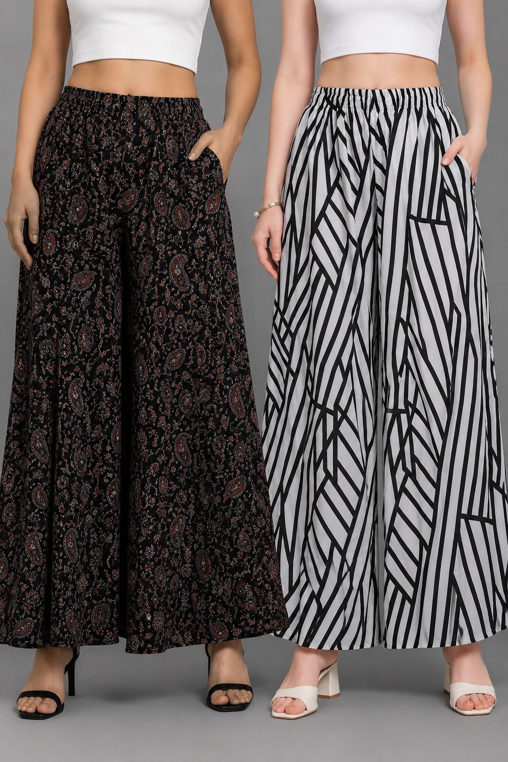 Pack of 2 Women Loose Fit, Flared Black, White Viscose Rayon Trousers-image-8