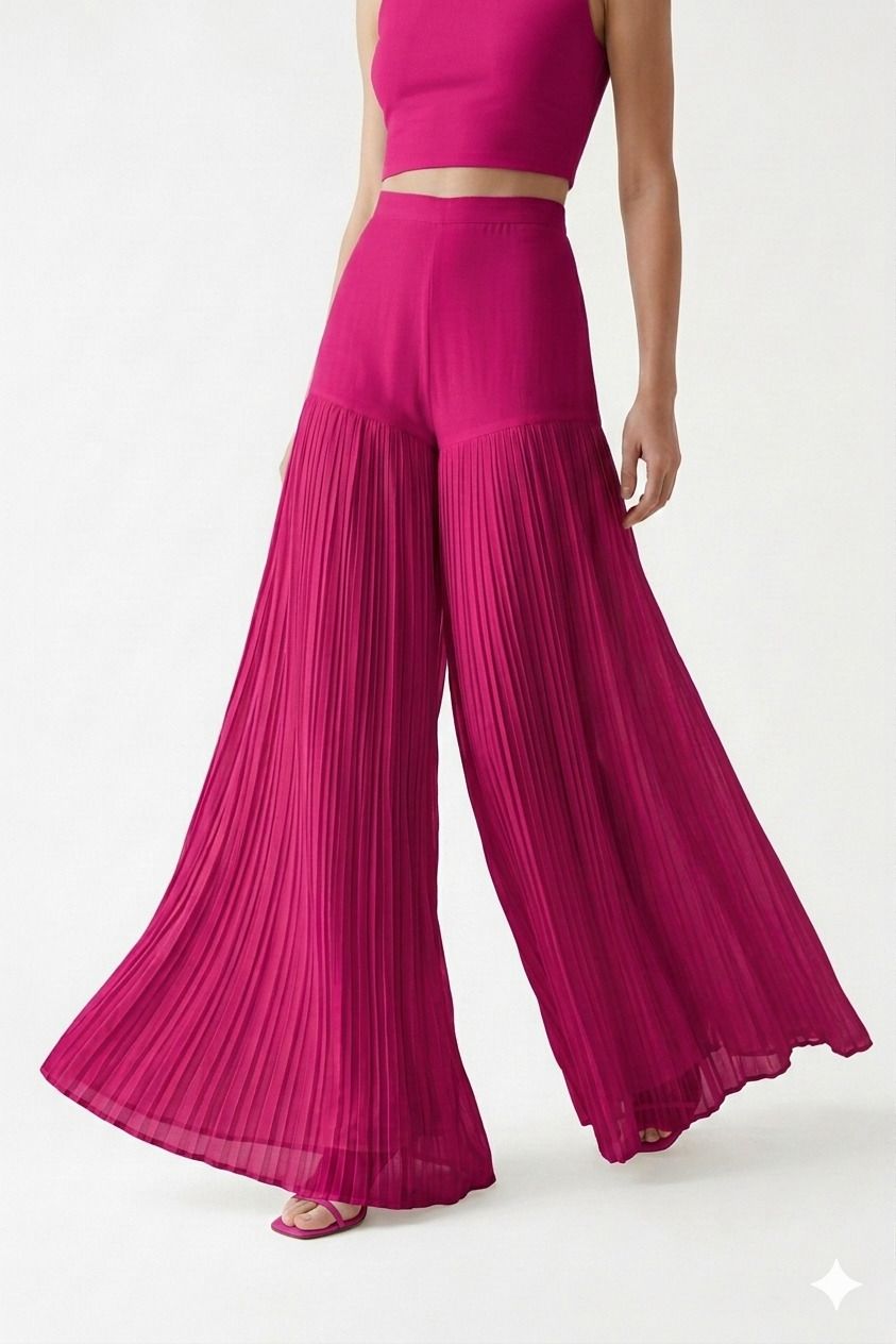 Women Flared Pink Georgette Trousers-image-2