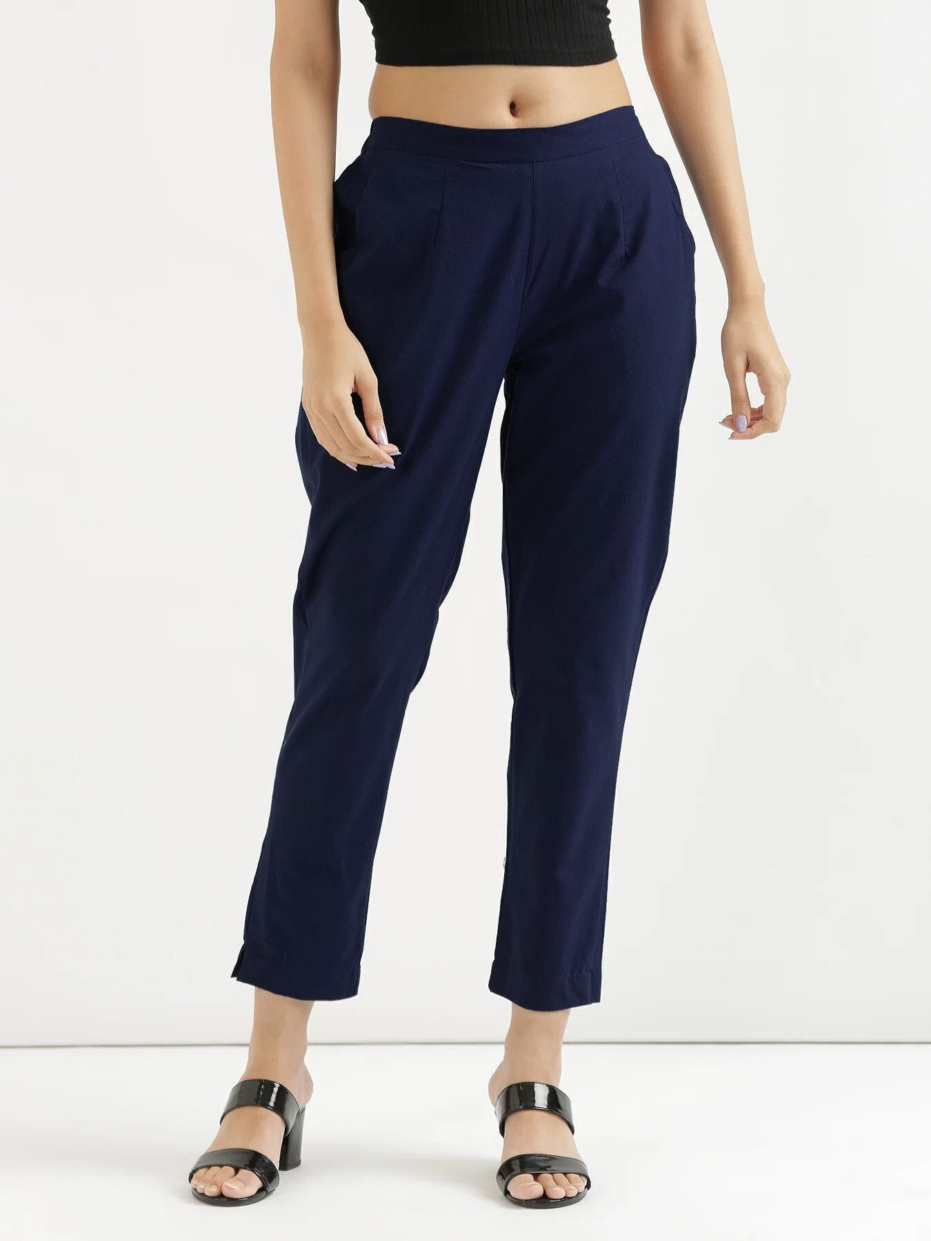 Women Regular Fit Blue Pure Cotton Trousers-image-47