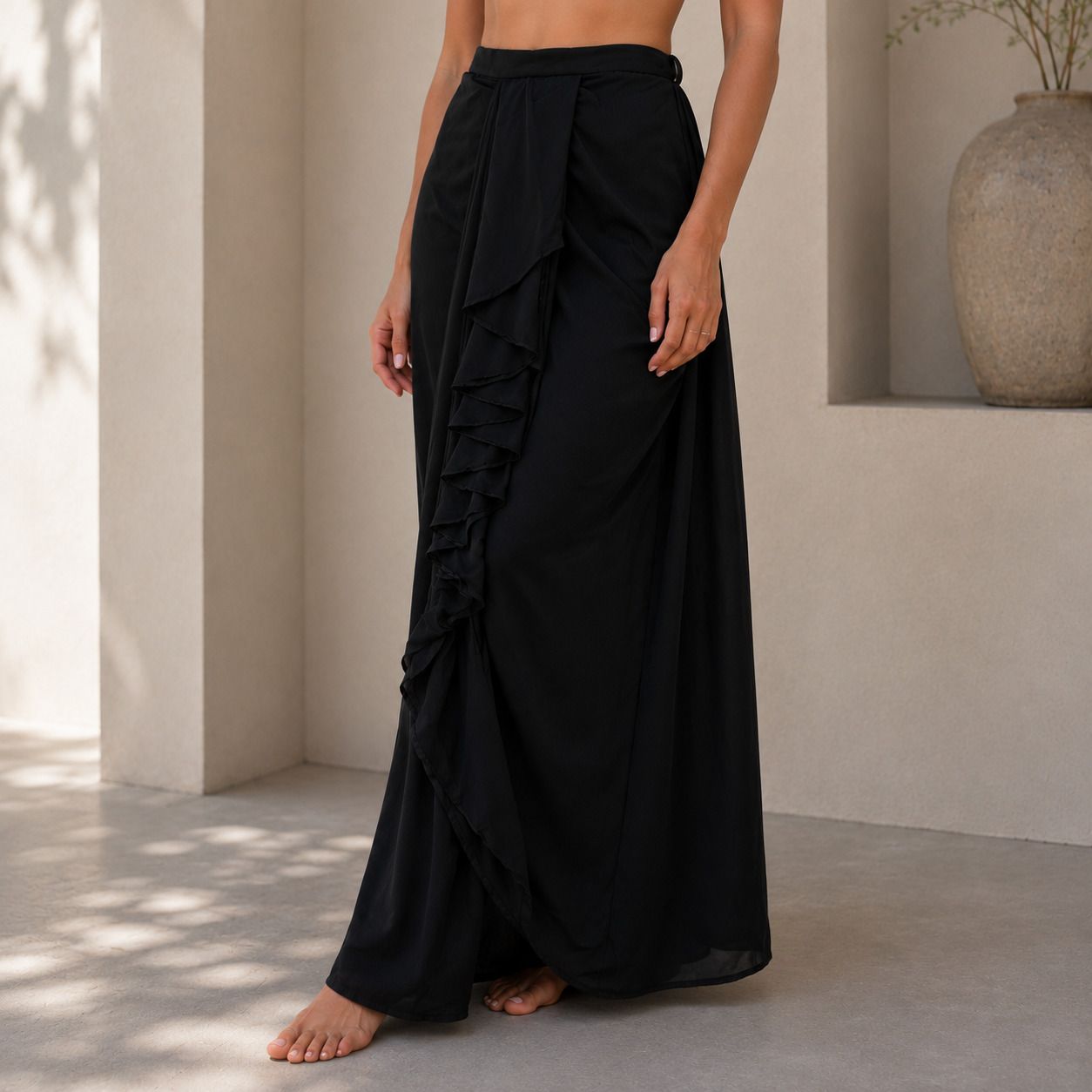 Women Loose Fit Black Georgette Trousers-image-47