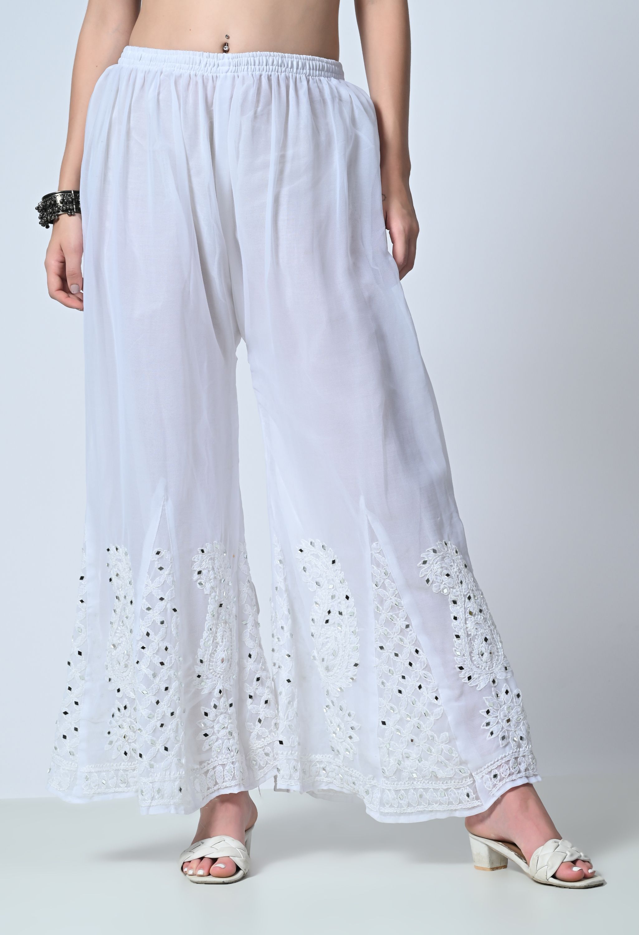 Women Flared White Georgette Trousers-image-15