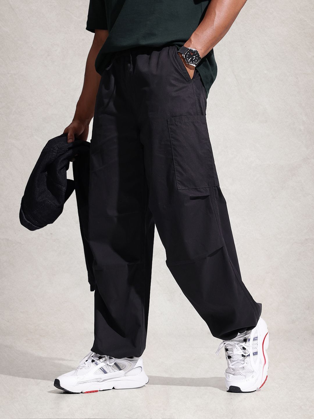 Men Loose Fit Black Pure Cotton Trousers