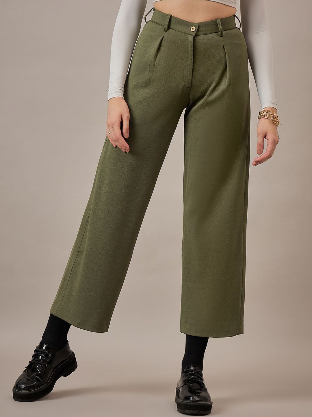 roadster Women Straight Fit Green Lycra Blend Trousers-picture-33