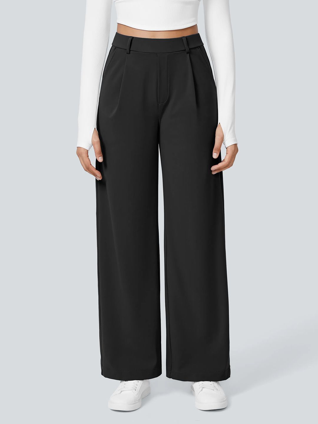 Women Straight Fit Black Polyester Trousers-image-26
