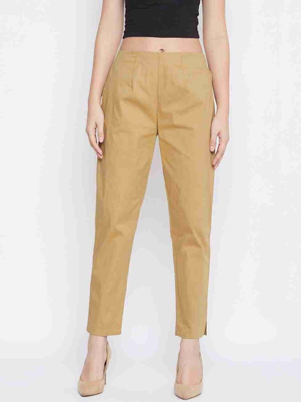Women Regular Fit Gold Cotton Blend Trousers-image-8