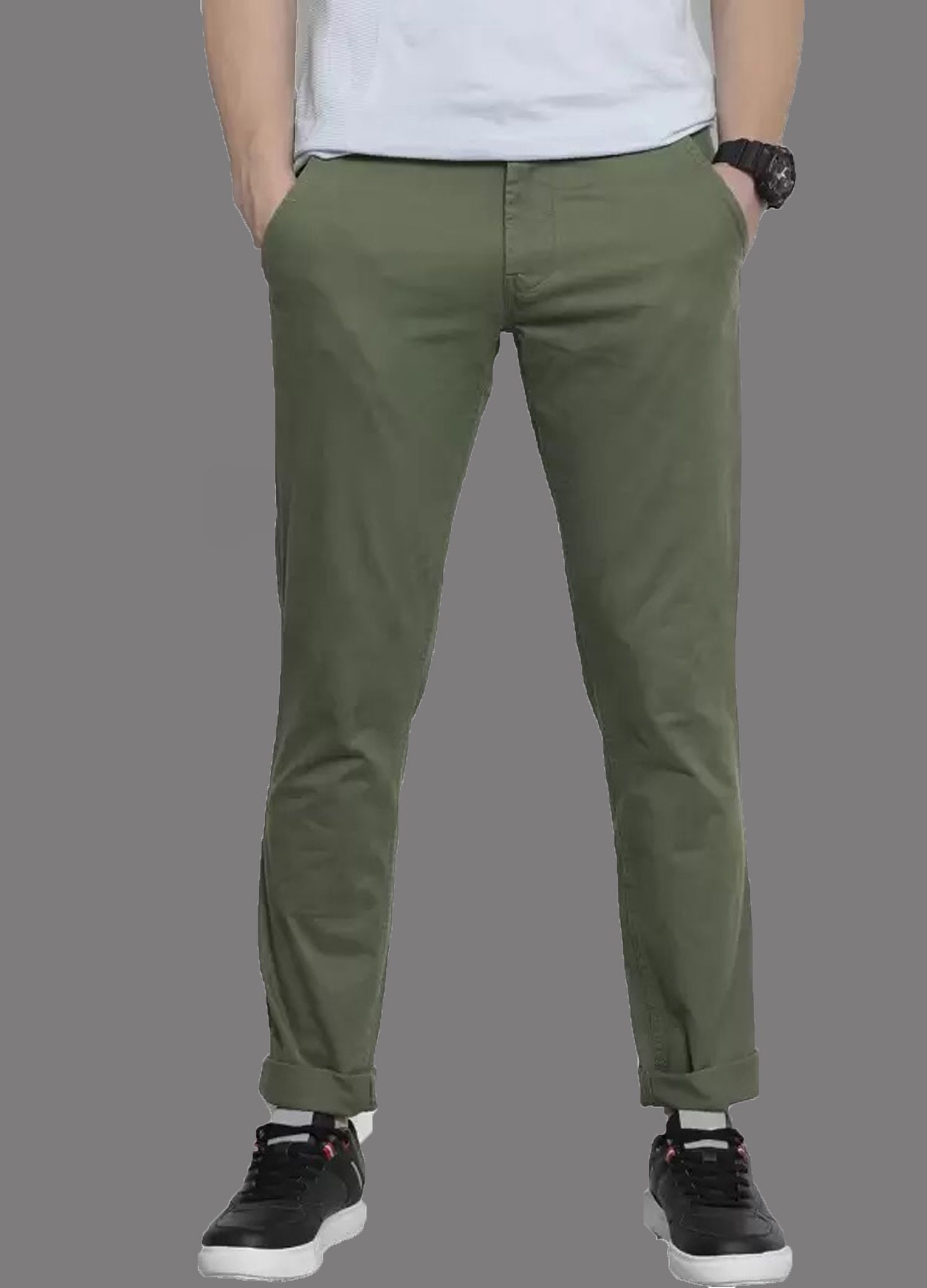 fubar Men Slim Fit Green Cotton Blend Trousers-picture-23