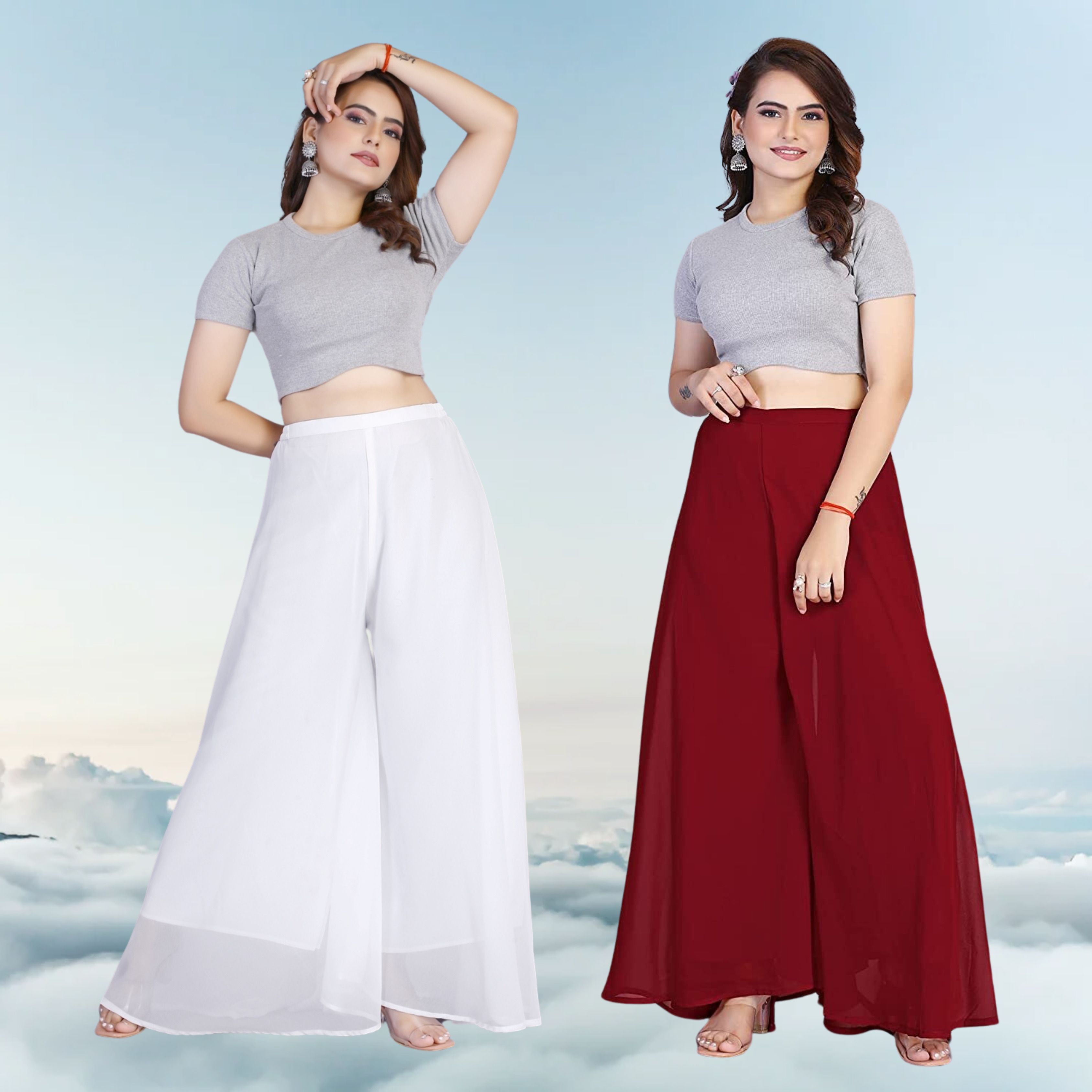 Pack of 2 Women Regular Fit Maroon, White Georgette Trousers-image-25