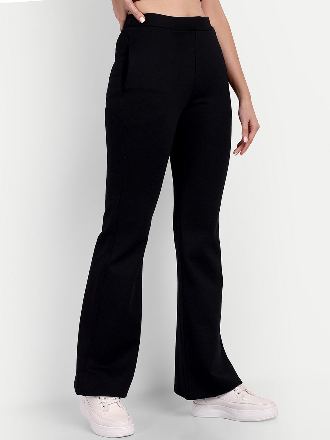 Women Flared Black Lycra Blend Trousers-image-8