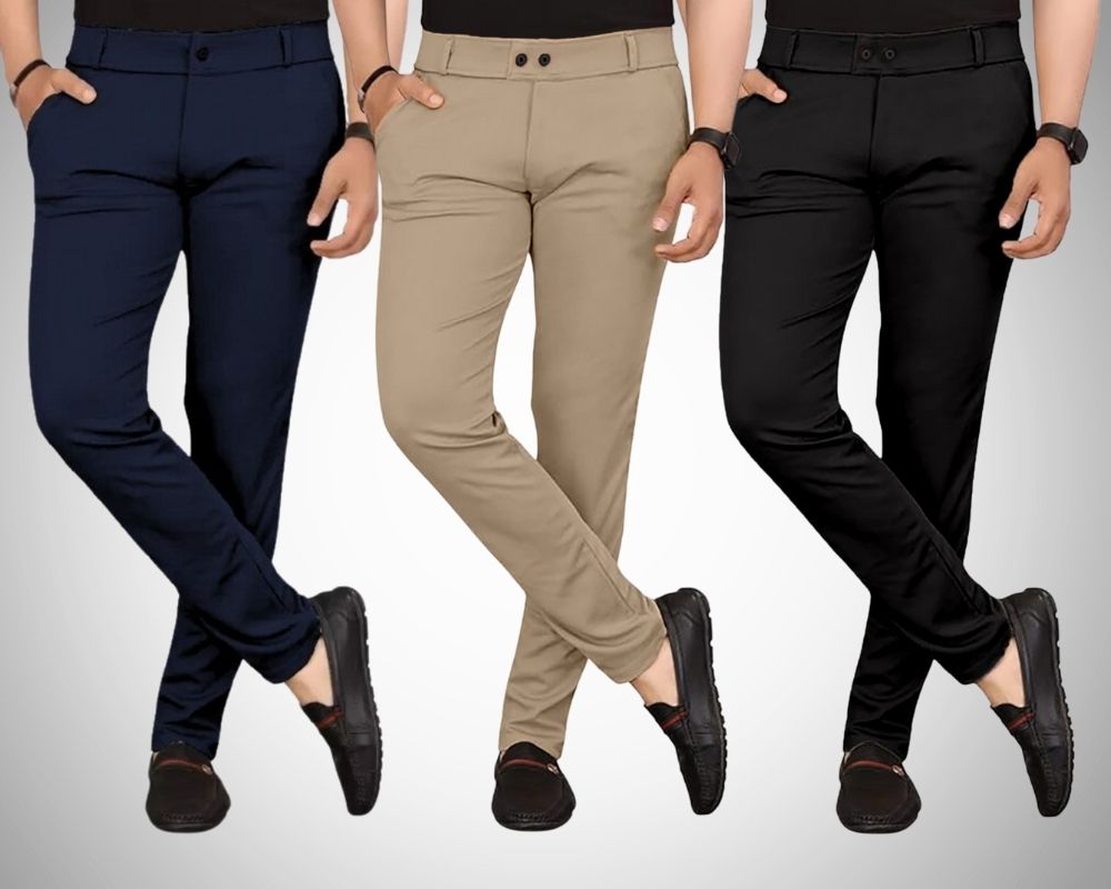 chartou Pack of 3 Men Regular Fit Multicolor Lycra Blend Trousers-picture-12