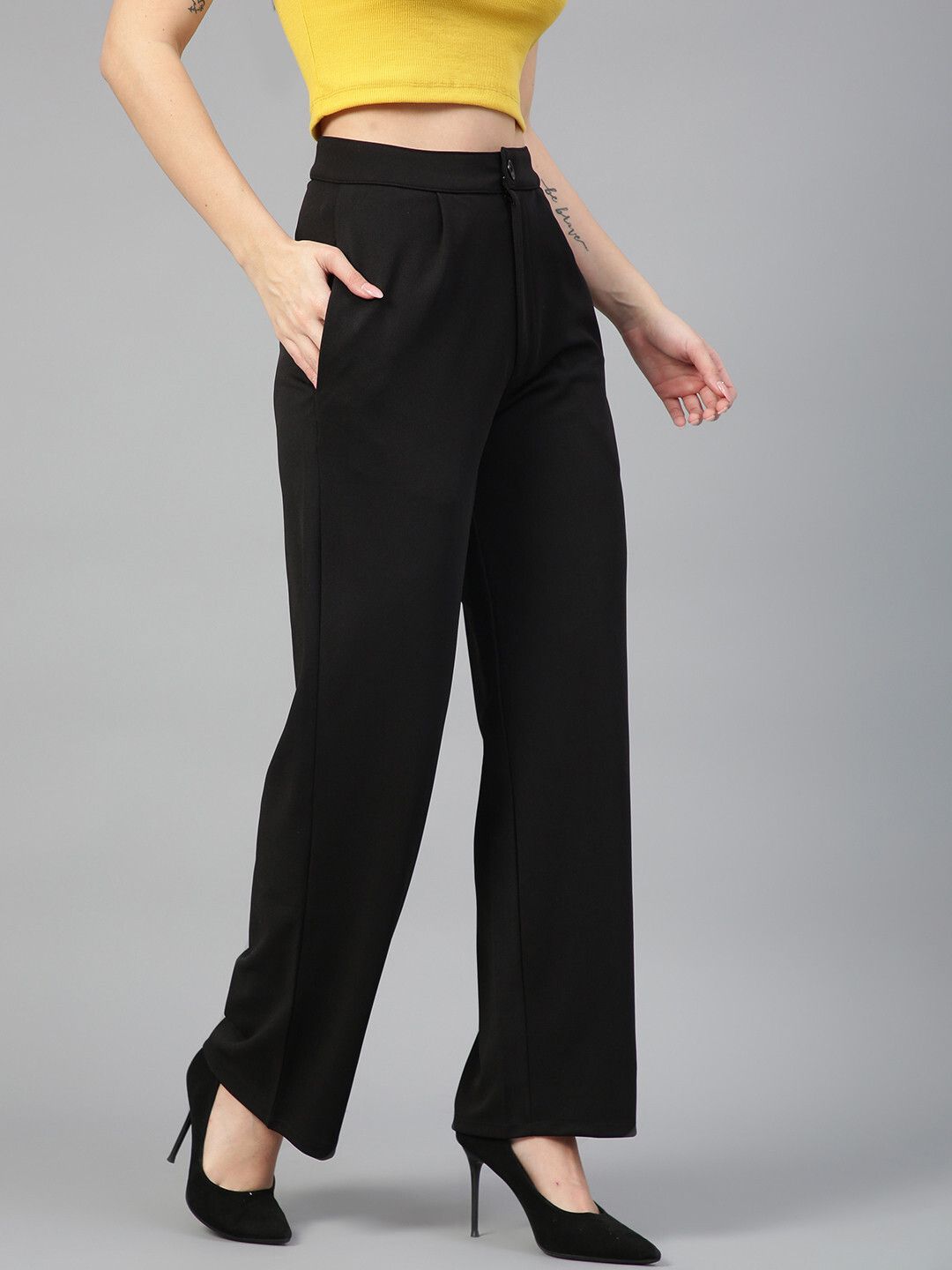 kotty Women Regular Fit Black Cotton Blend Trousers-picture-18