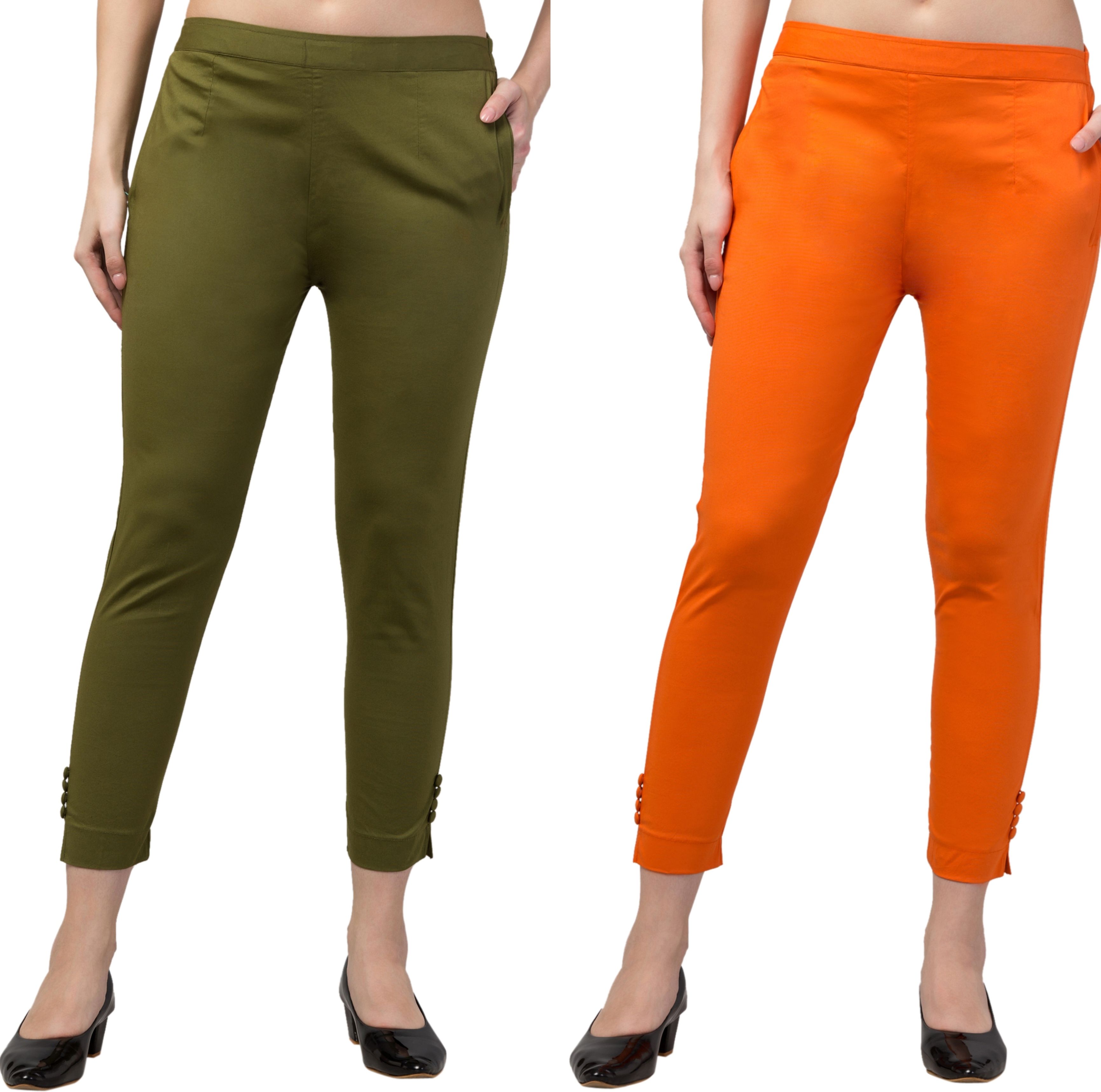 Pack of 2 Women Regular Fit Dark Green, Orange Cotton Blend Trousers-image-38