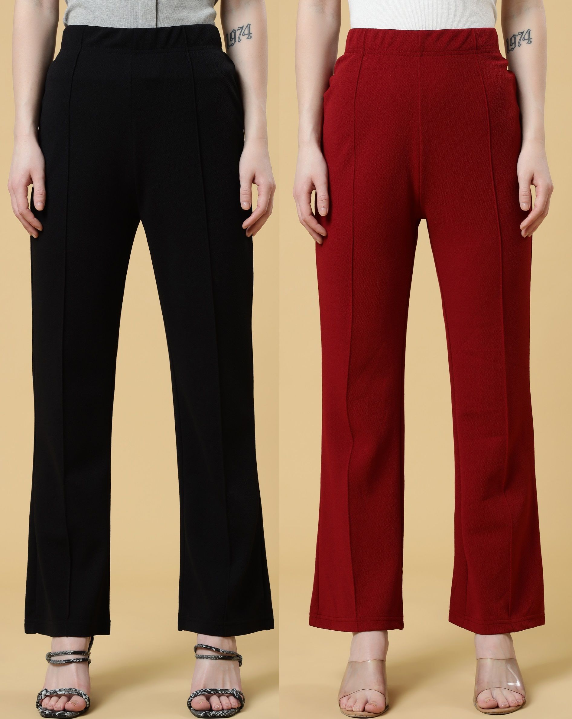 Pack of 2 Women Regular Fit Black, Maroon Lycra Blend Trousers
