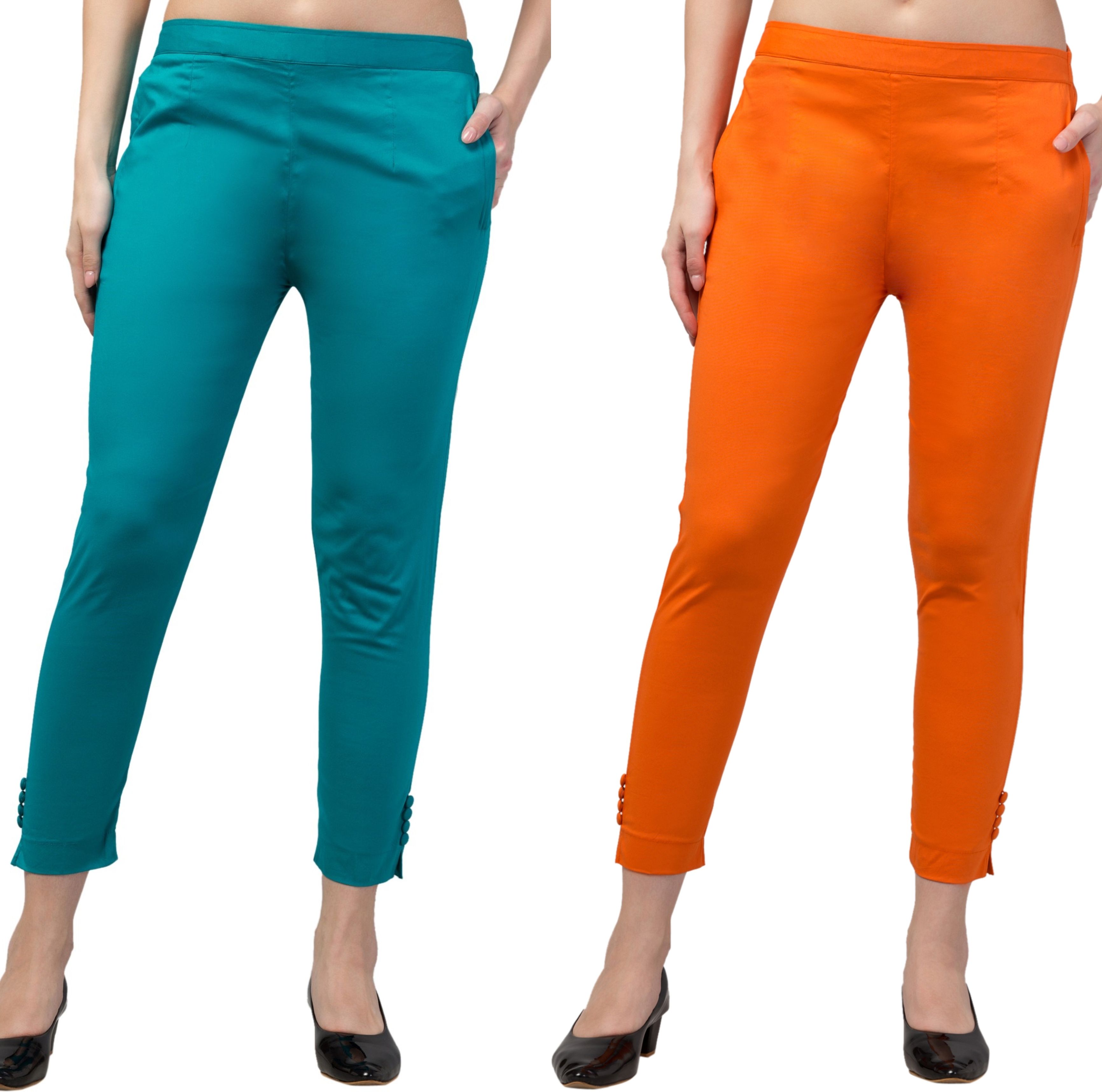 Pack of 2 Women Regular Fit Blue, Orange Cotton Blend Trousers-image-40