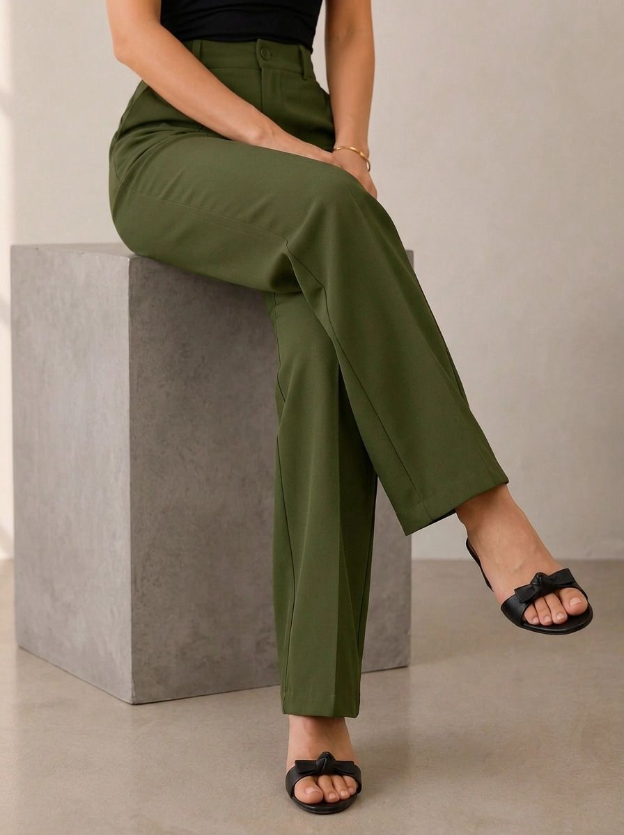 emeros Women Straight Fit Green Lycra Blend Trousers-picture-10