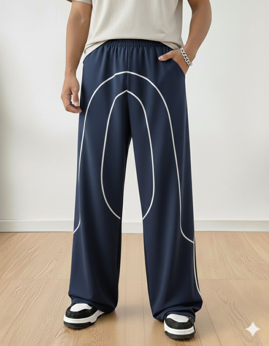 Men Loose Fit Blue Cotton Blend Trousers