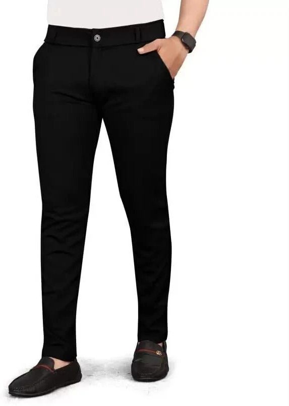 Men Slim Fit Black Lycra Blend Trousers
