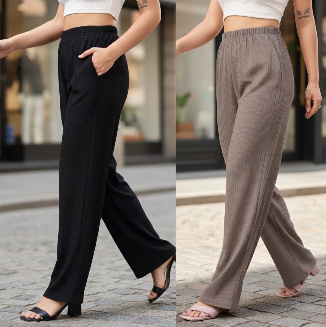 Pack of 2 Women Loose Fit Black, Grey Viscose Rayon Trousers-image-47