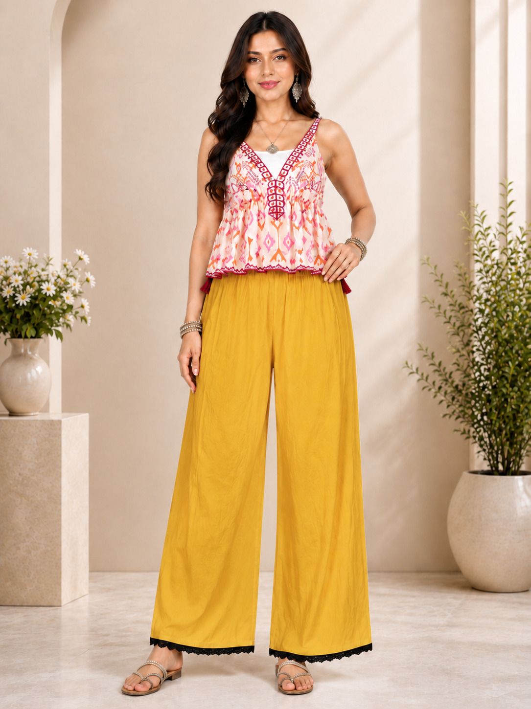 tanushk Women Comfort Fit Yellow Polycotton Trousers-picture-19