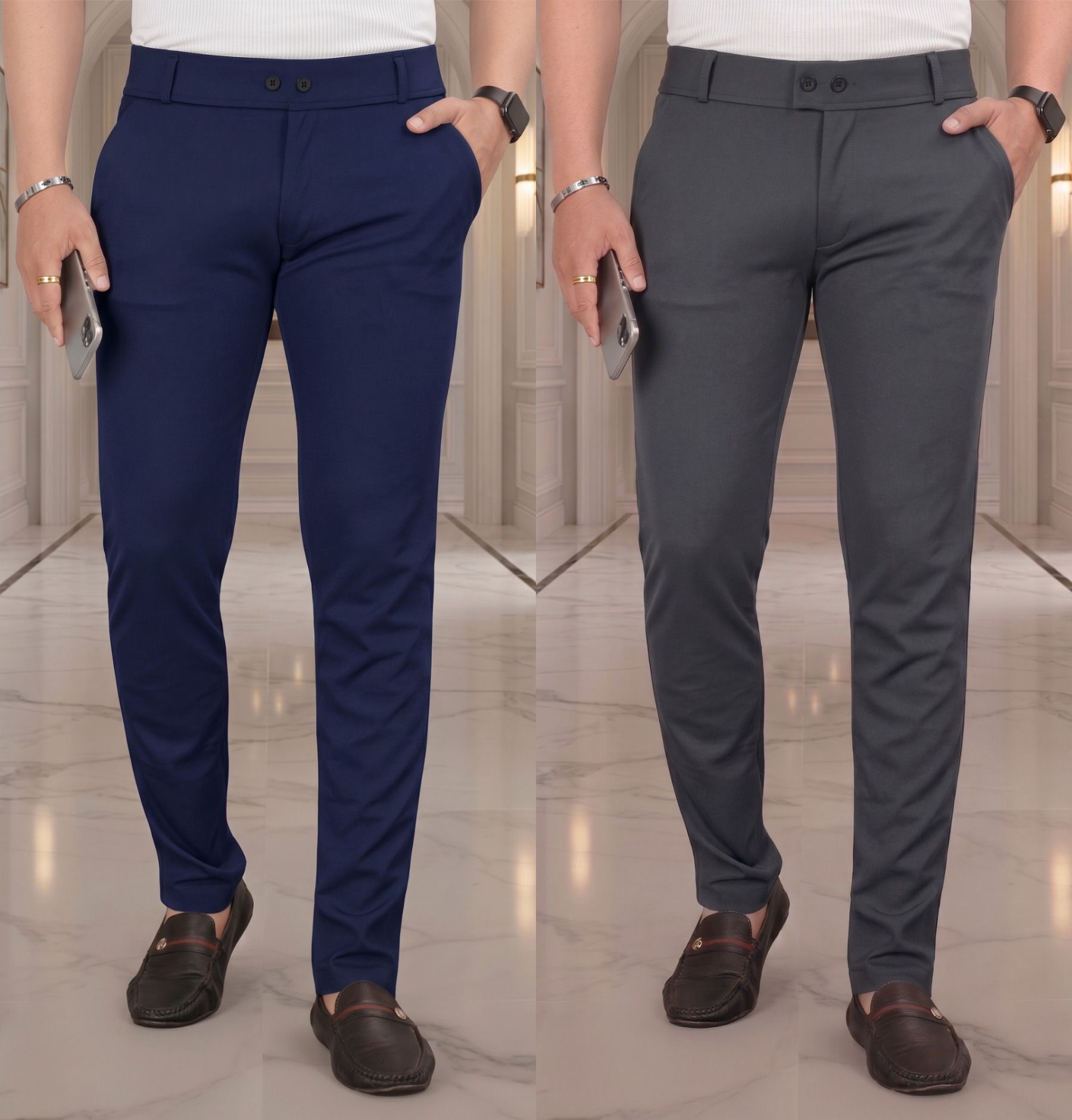 fabaura Men Slim Fit Blue, Grey Lycra Blend Trousers-picture-32