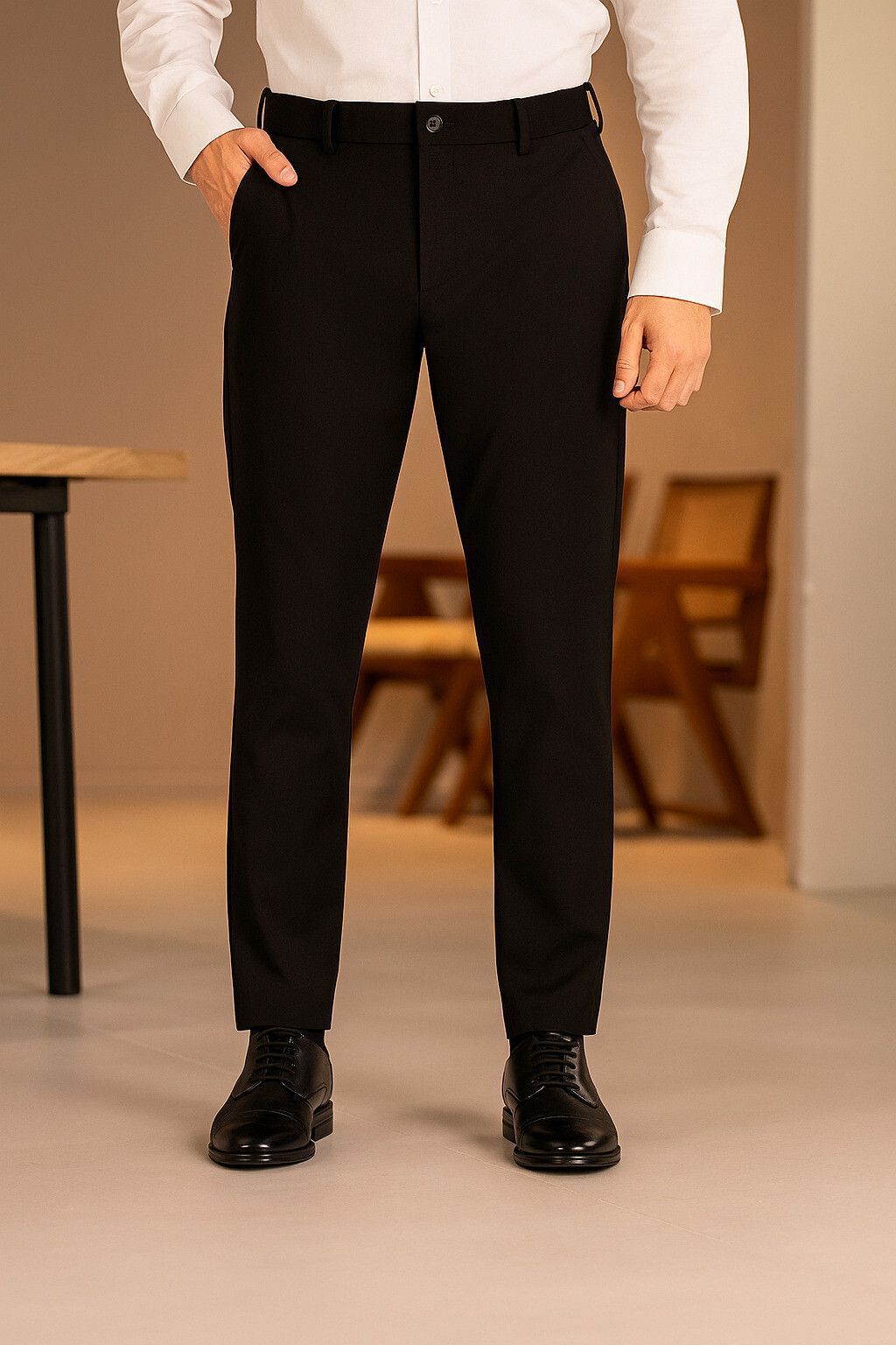 Men Slim Fit Black Cotton Blend Trousers-image-42