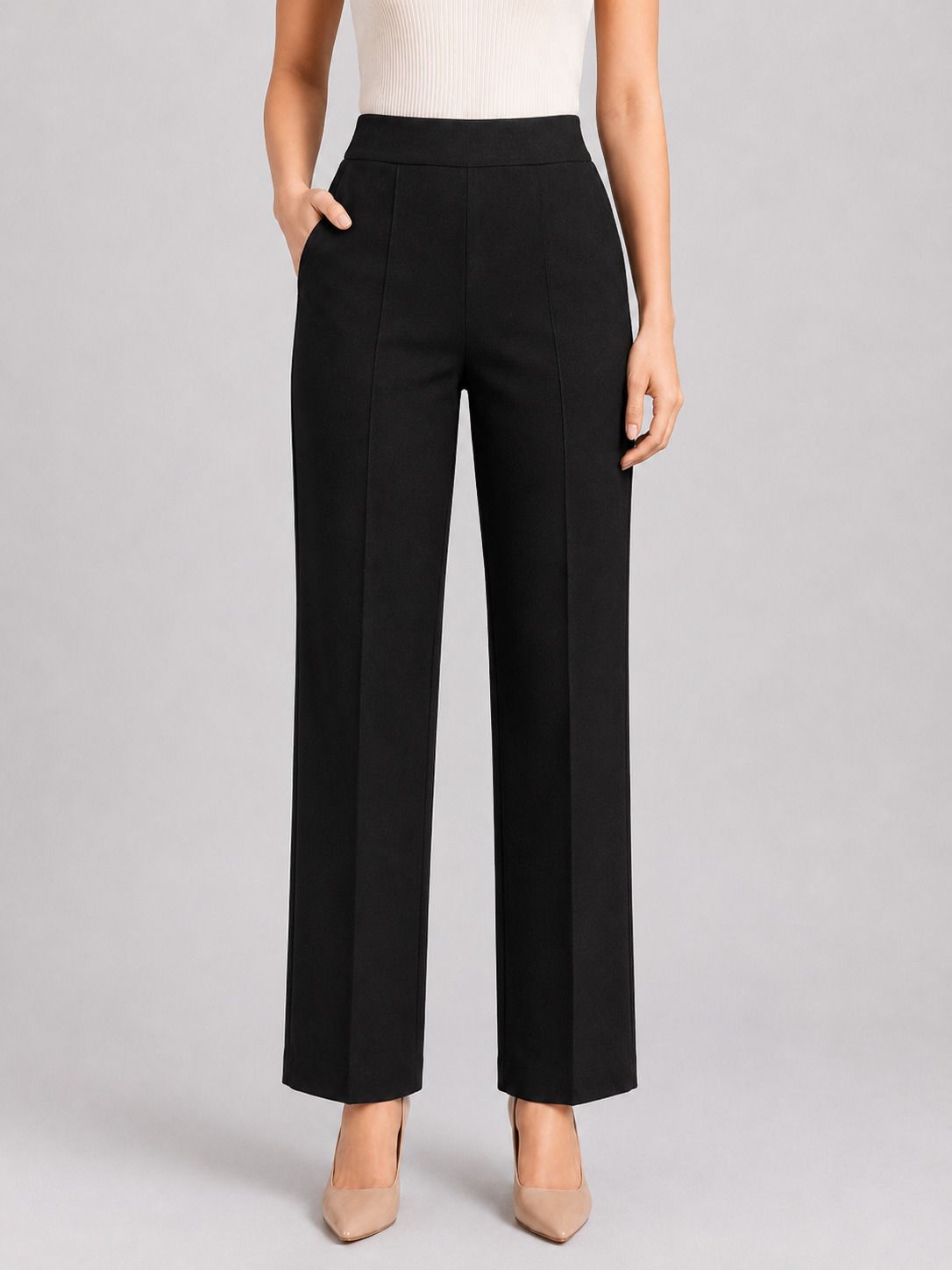 Women Straight Fit Black Lycra Blend Trousers-image-23