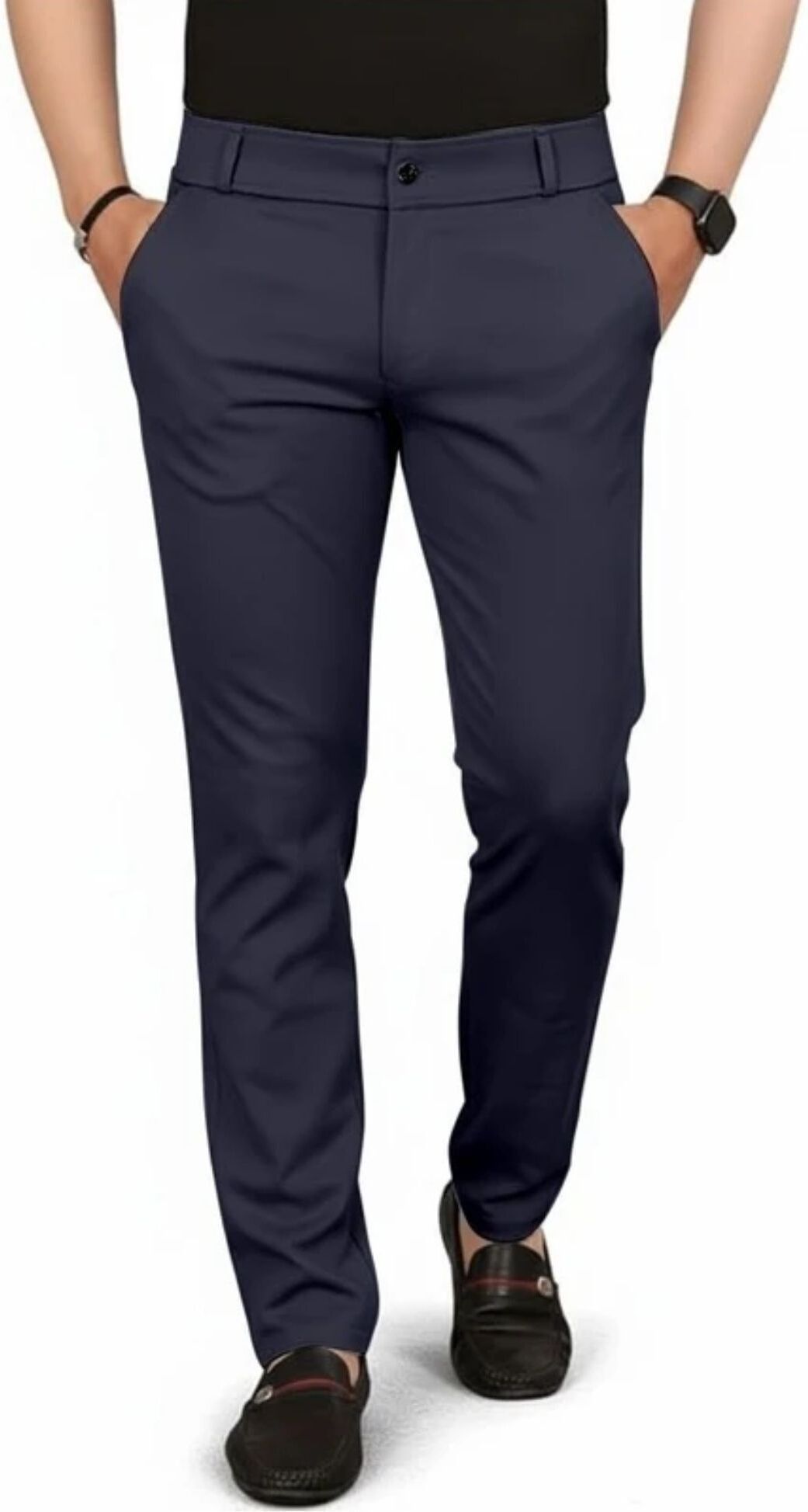 Men Slim Fit Dark Blue Lycra Blend Trousers-image-5