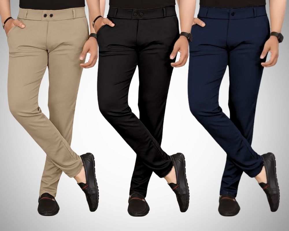 chartou Pack of 3 Men Regular Fit Multicolor Lycra Blend Trousers-picture-13