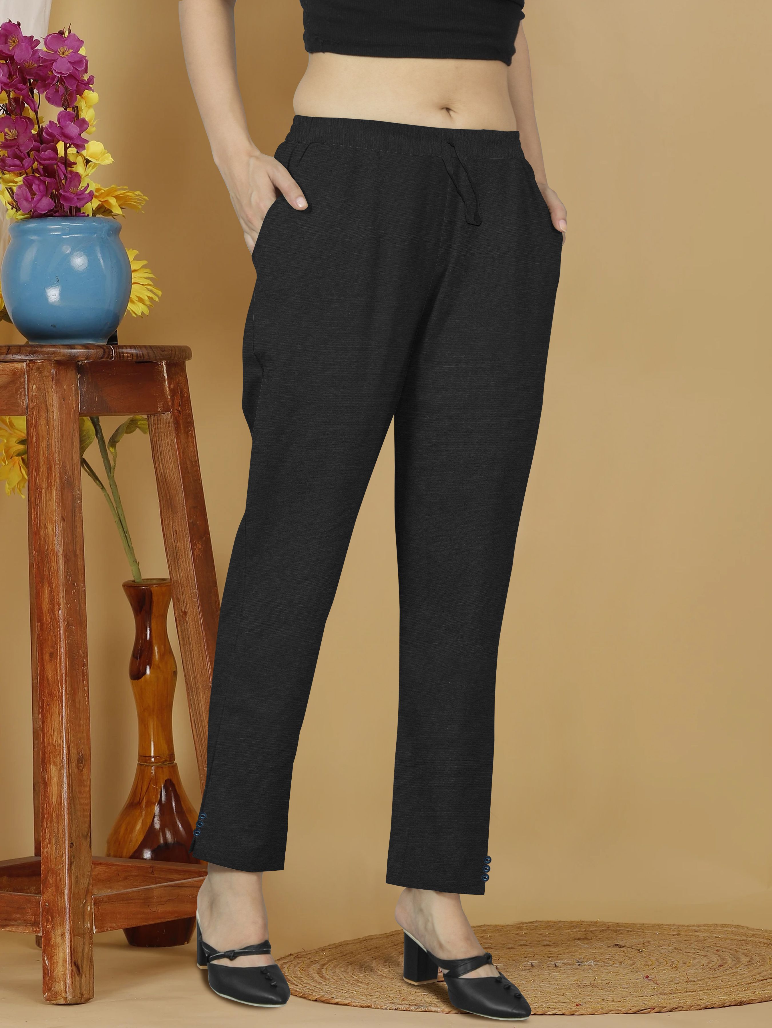 posh outfits Women Straight Fit Black Cotton Blend Trousers-picture-14