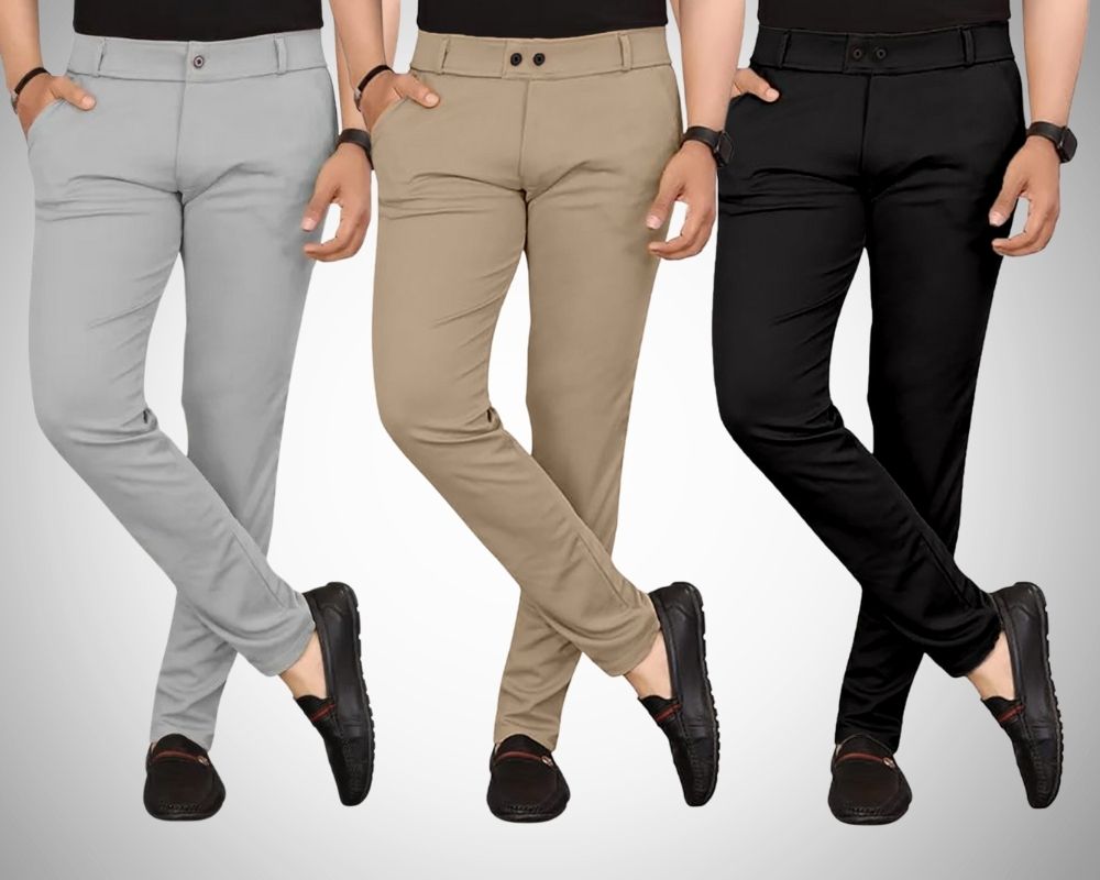 chartou Pack of 3 Men Regular Fit Multicolor Lycra Blend Trousers-picture-15