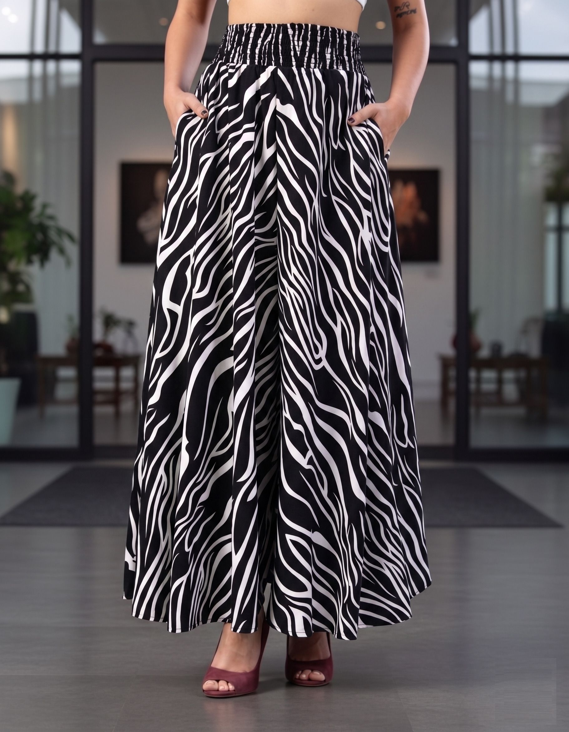 doil domec Women Flared Black, White Viscose Rayon Trousers-picture-14