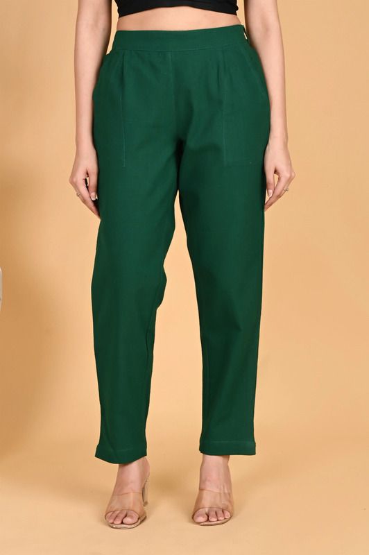 Women Regular Fit Dark Green Pure Cotton Trousers-image-10