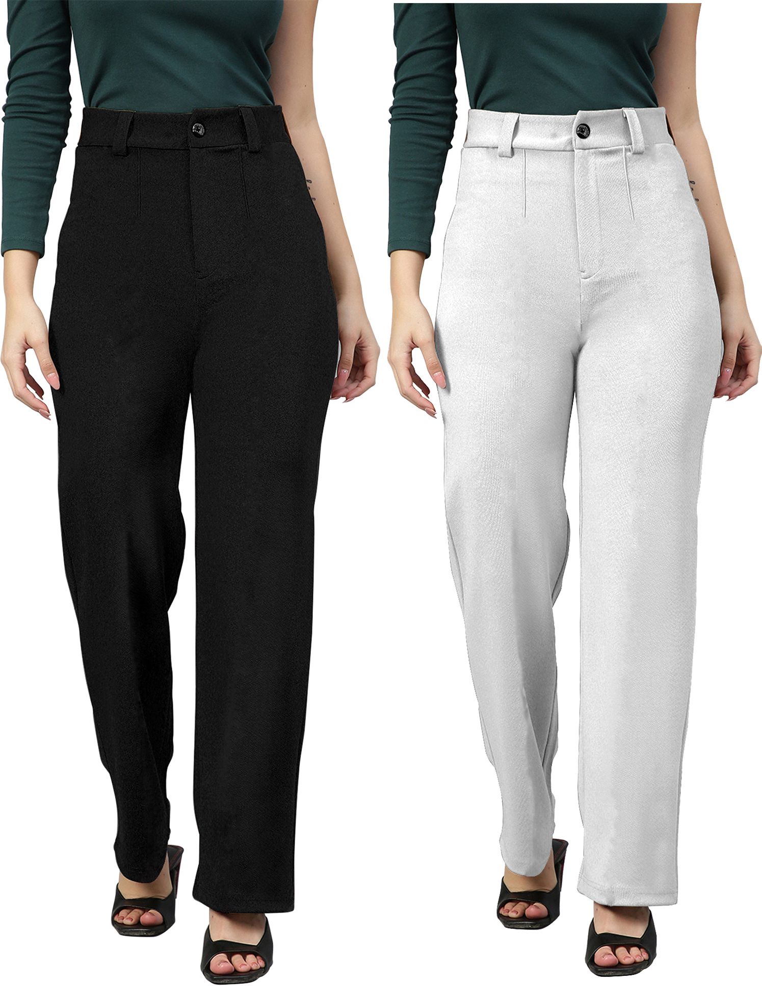 Regular Fit Women Black, White Cotton Blend Trousers