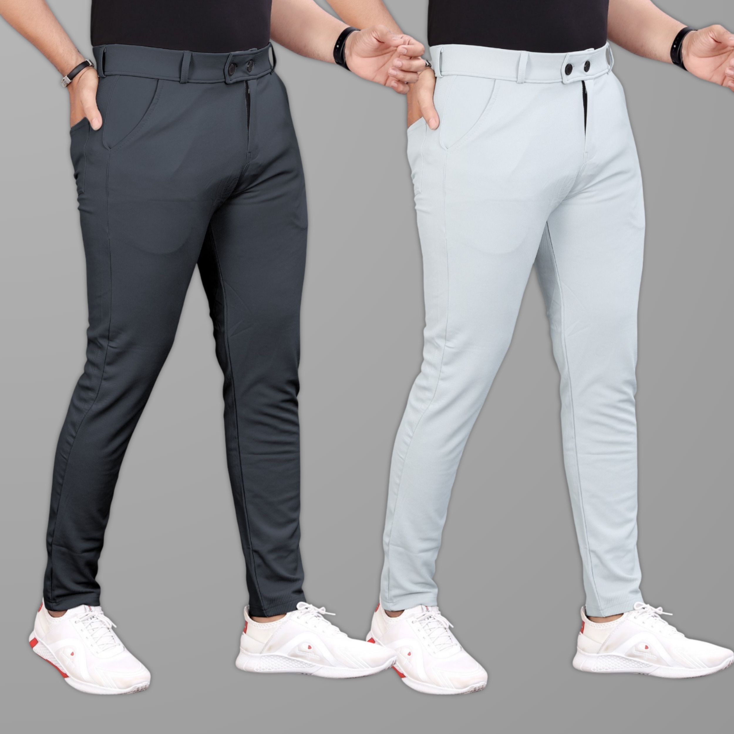 gibbonte Pack of 2 Men Slim Fit Grey, Grey Lycra Blend Trousers-picture-22