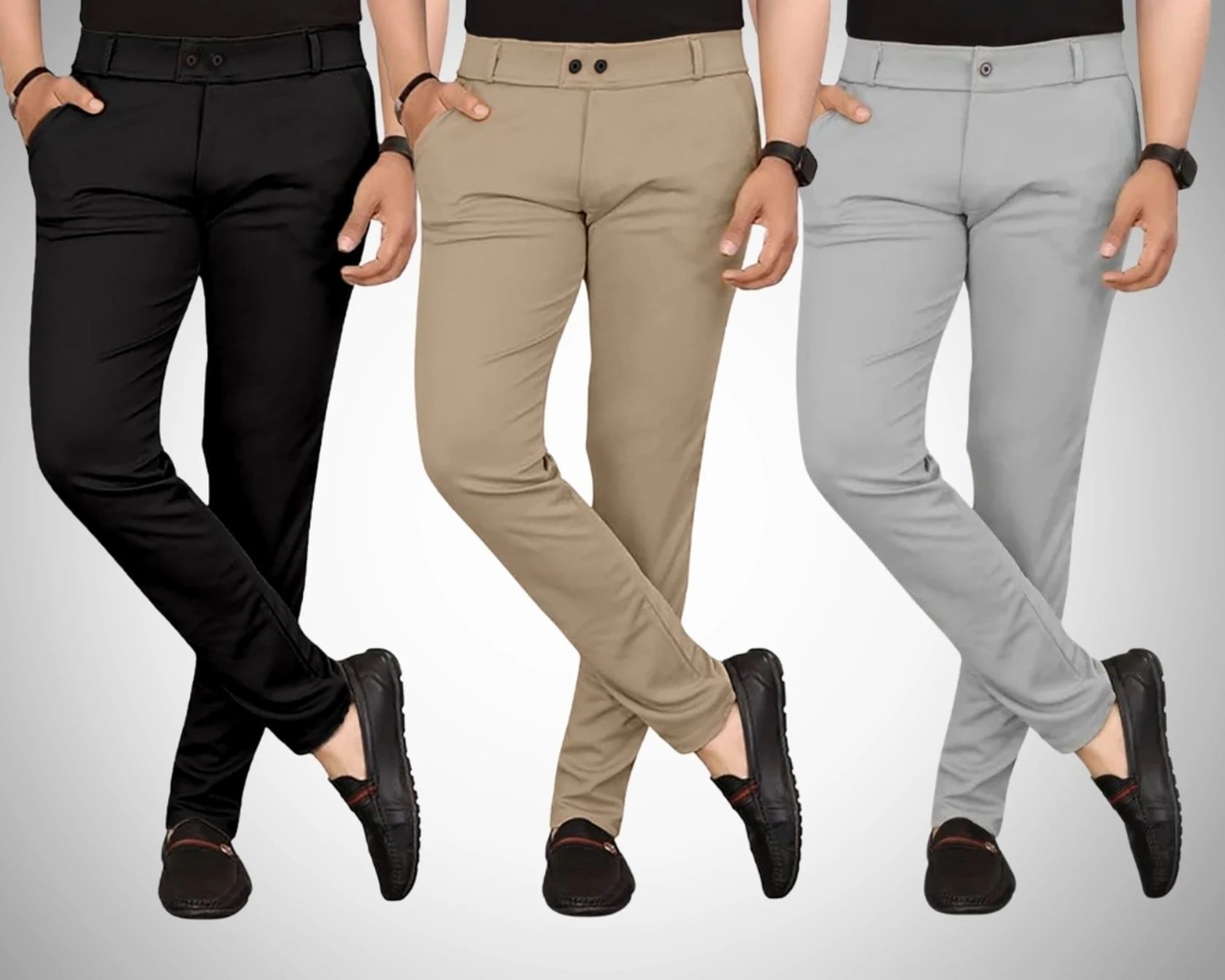 Pack of 3 Men Slim Fit, Regular Fit Black, Silver, Khaki Cotton Blend Trousers-image-20