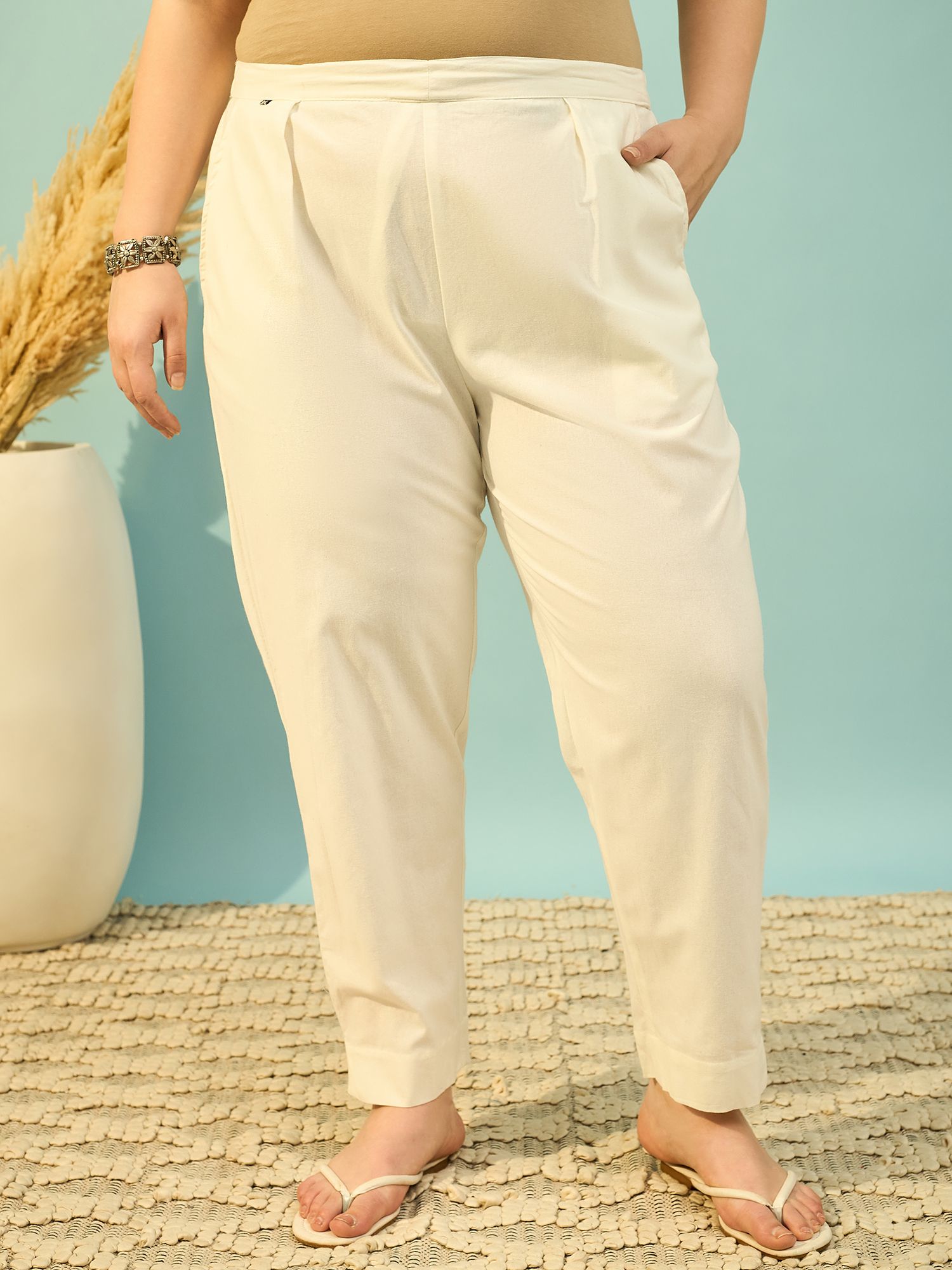 d k w Women Regular Fit White Pure Cotton Trousers-picture-13