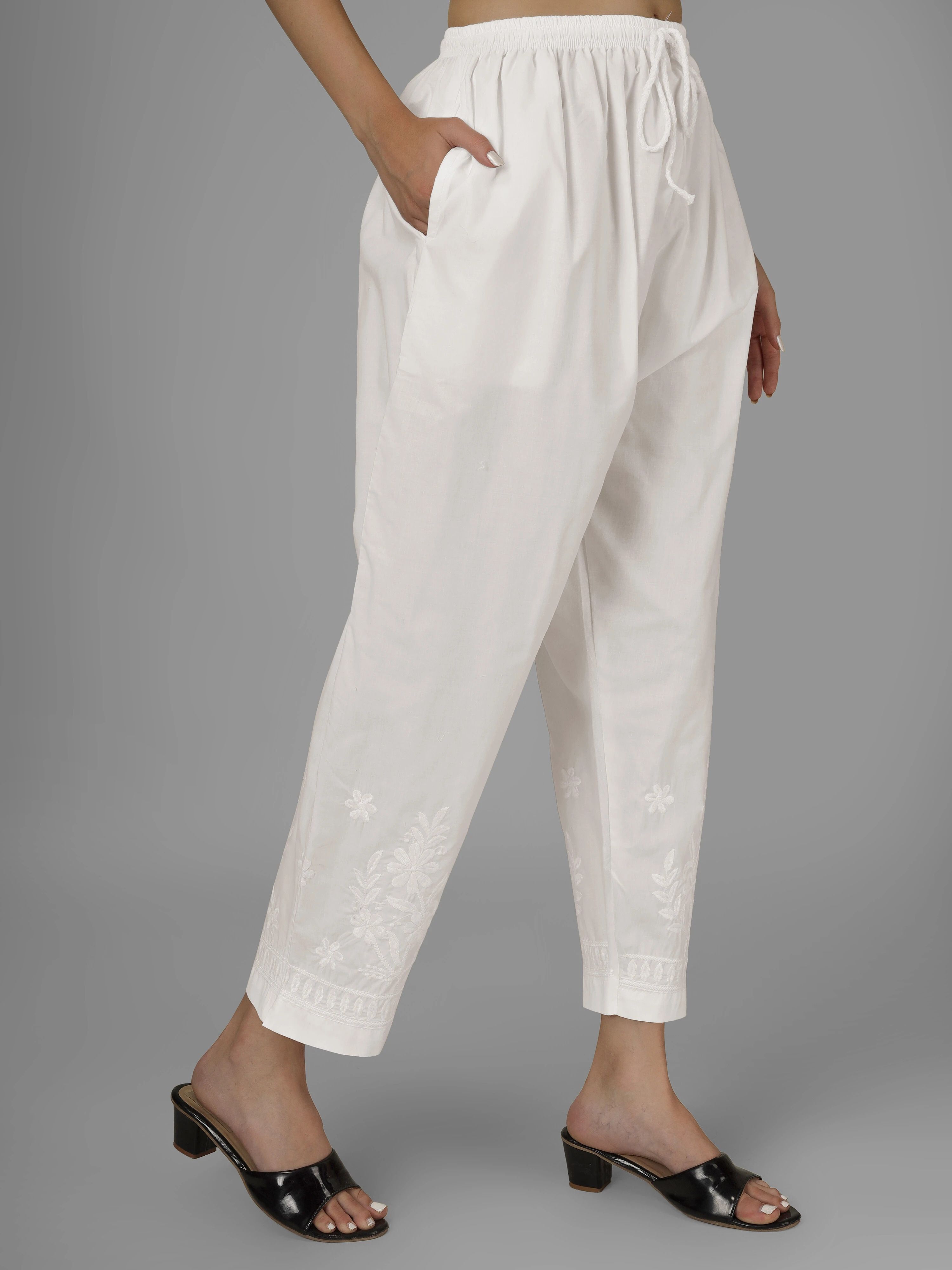 Women Straight Fit White Pure Cotton Trousers
