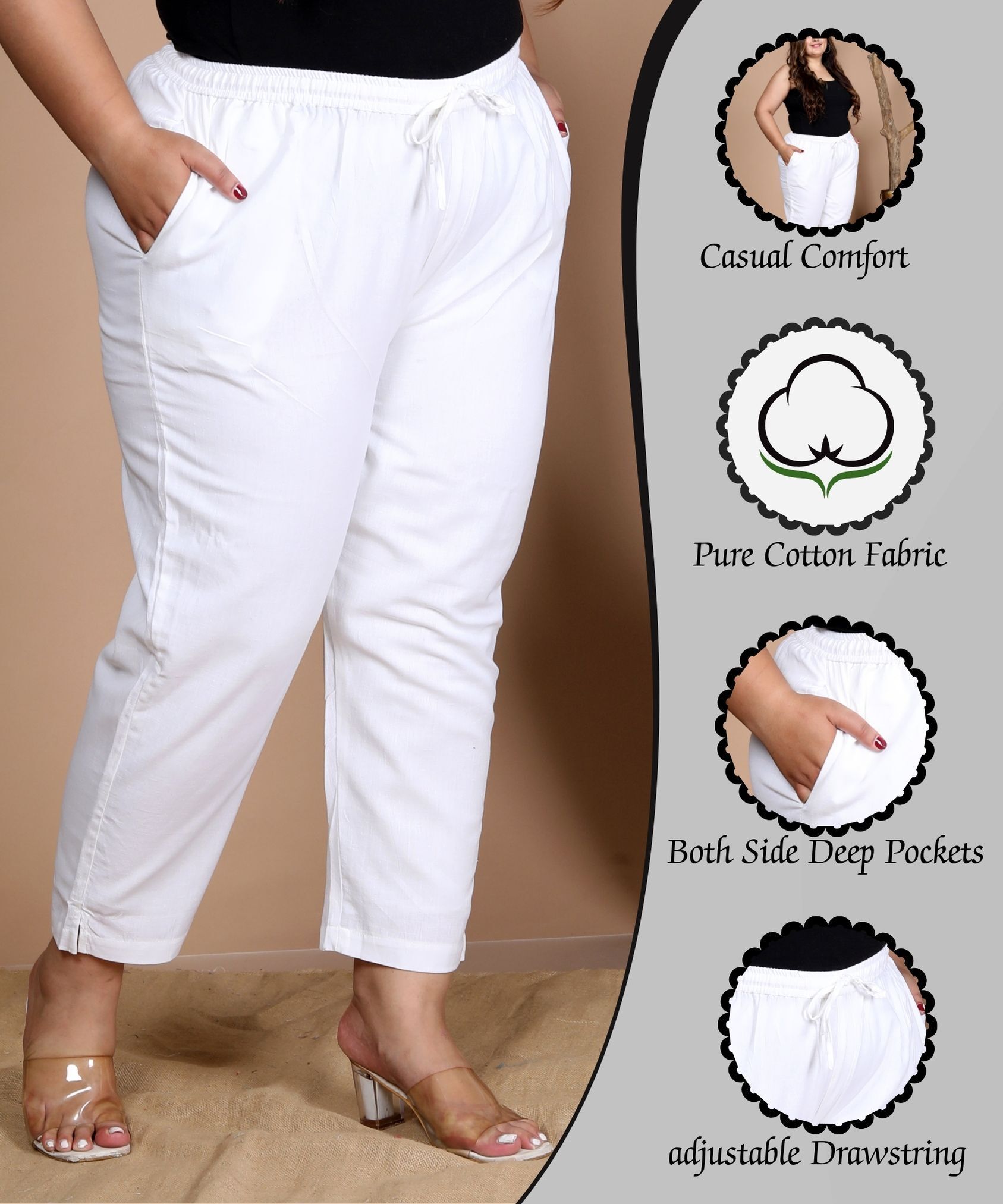 Women Regular Fit White Pure Cotton Trousers