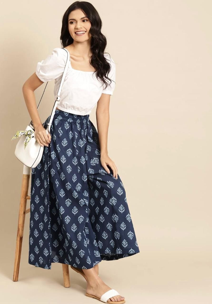 Women Relaxed Blue Cotton Blend Trousers