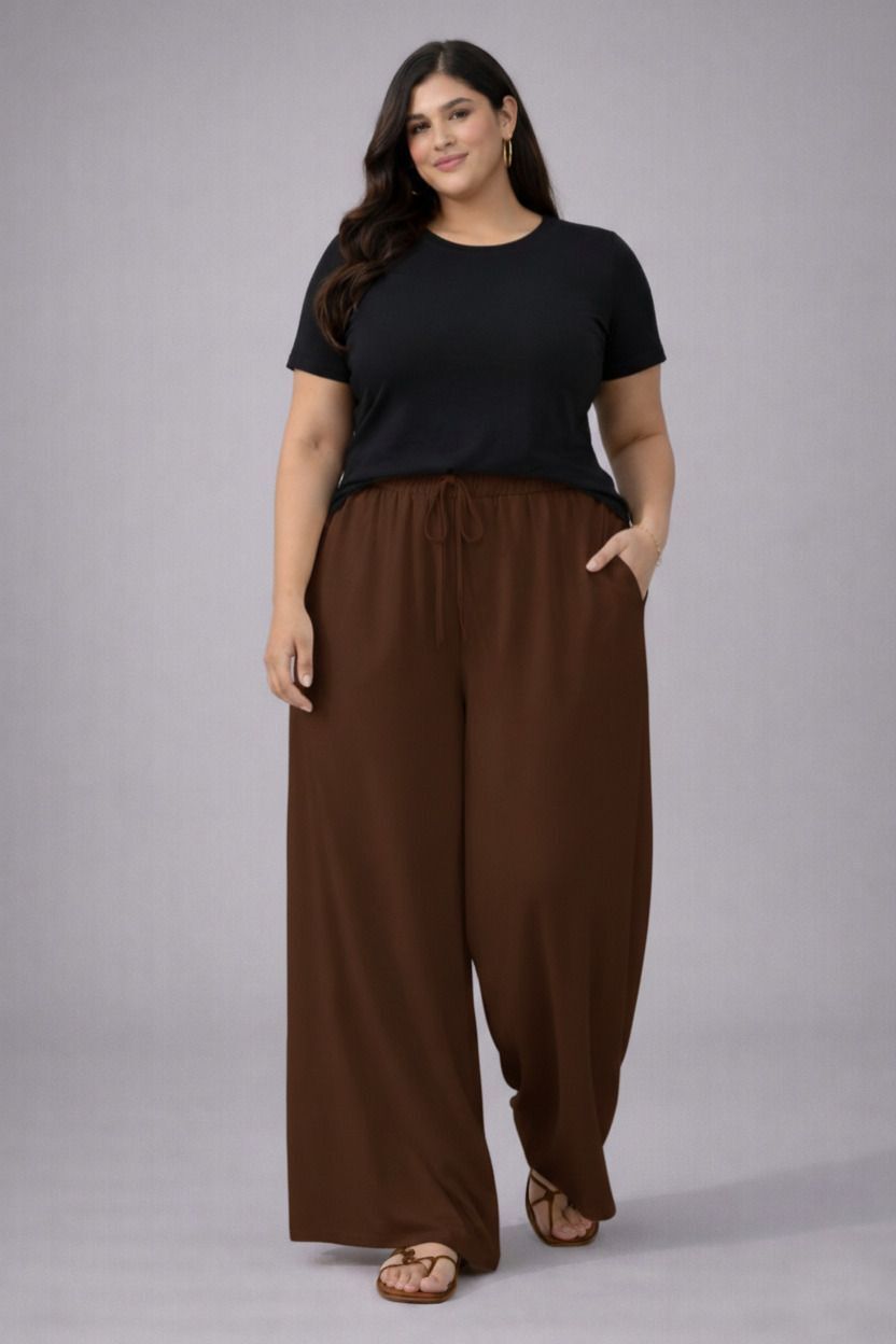 kotty Women Relaxed Brown Cotton Blend Trousers-picture-16